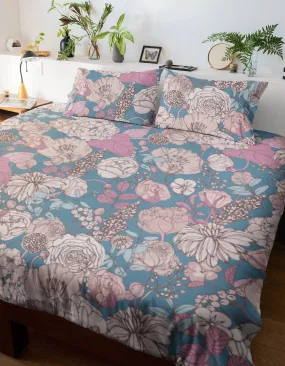 Blue Duvet Cover Set with Pink Hand drawn Flowers