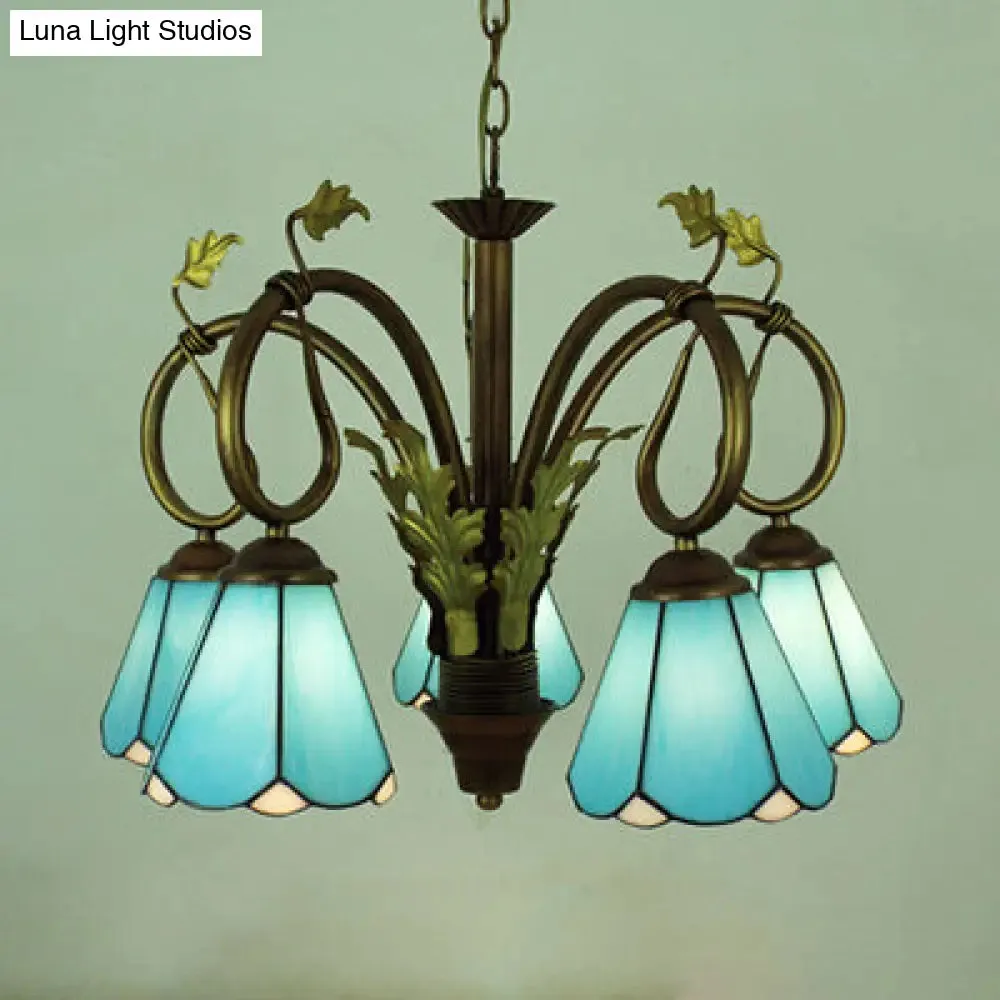 Blue Stained Glass Cone Chandelier - 5 Pendant Lights for Foyer