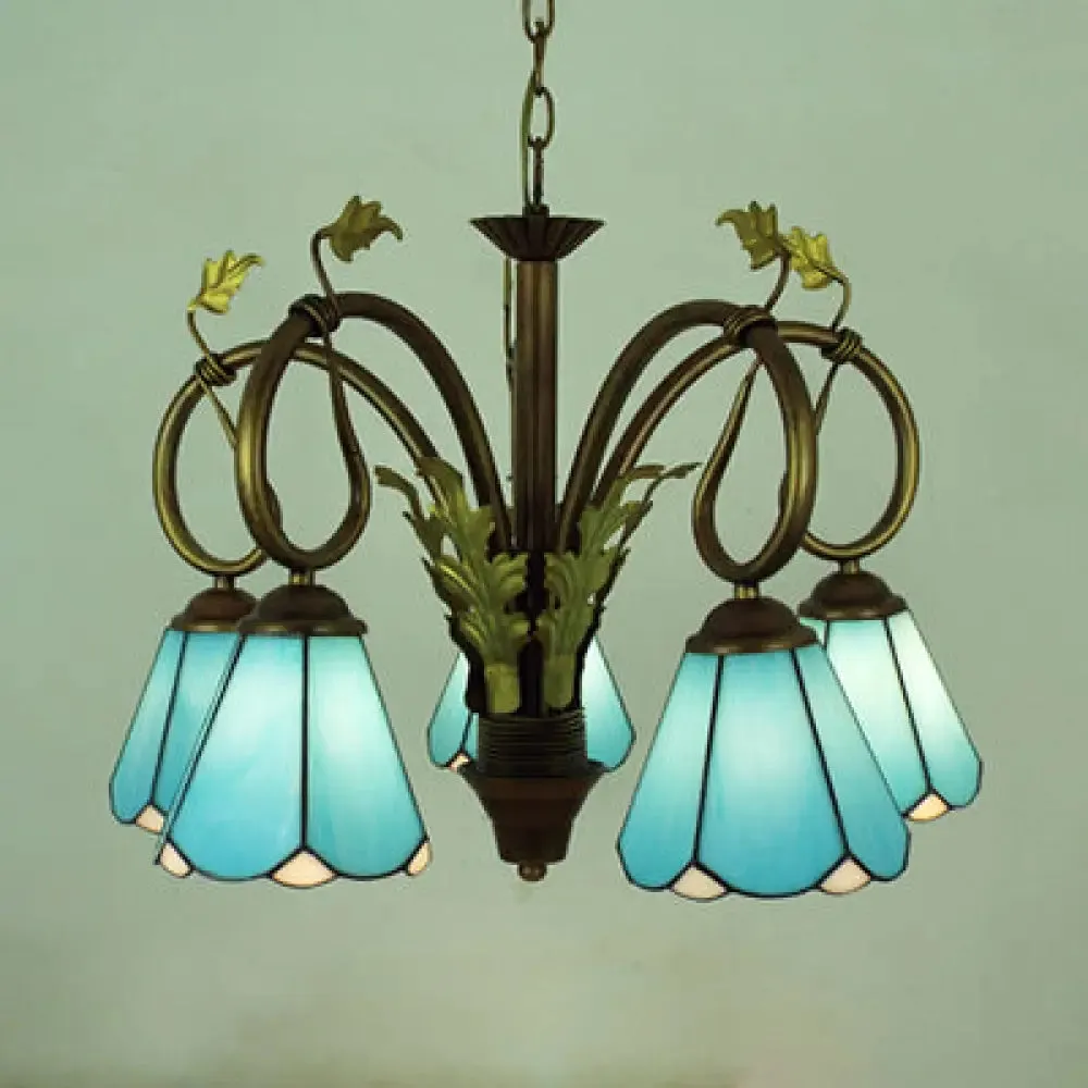 Blue Stained Glass Cone Chandelier - 5 Pendant Lights for Foyer