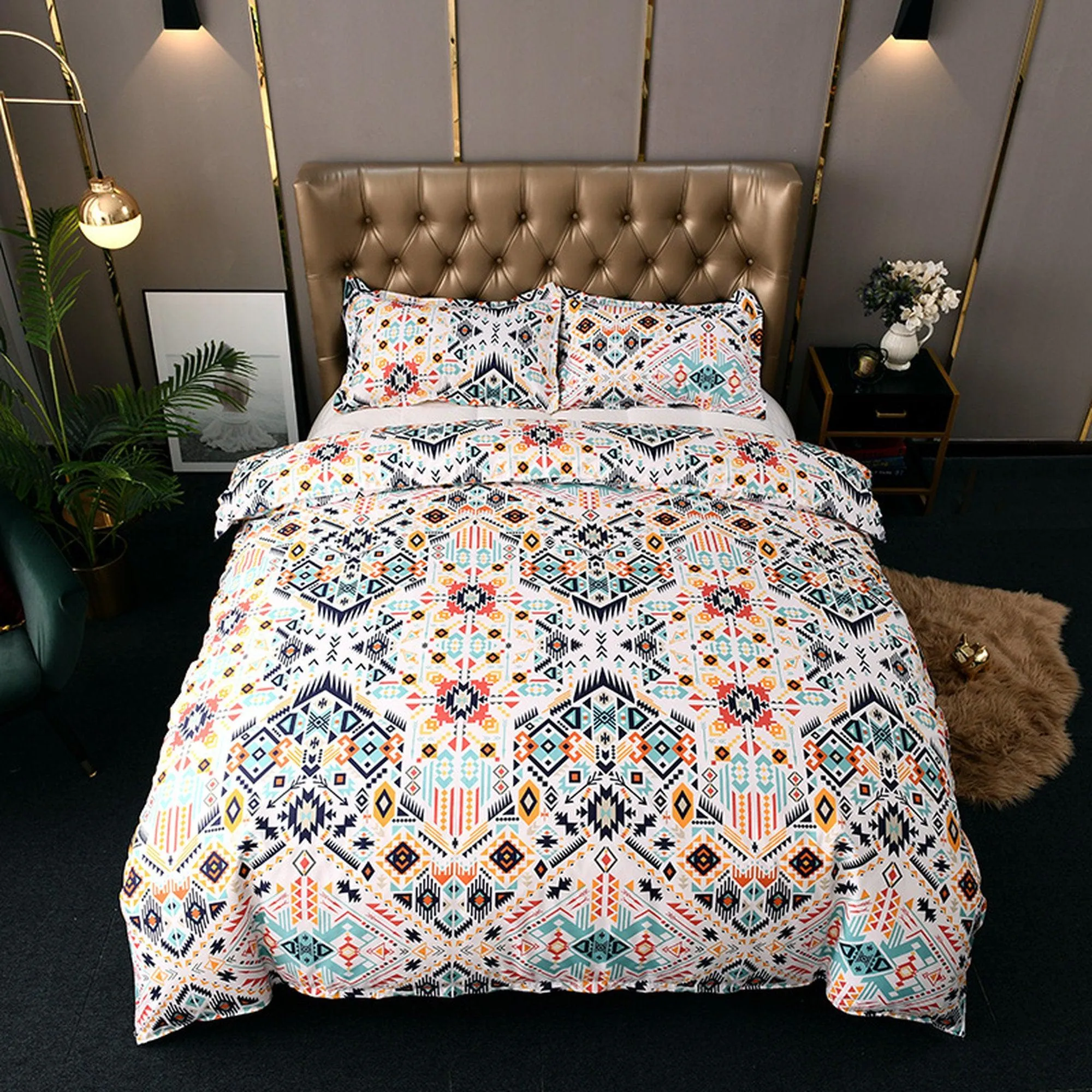 Bohemian White Duvet Cover Set Boho Bedding, Hippie Dorm Bedding with Pillowcase