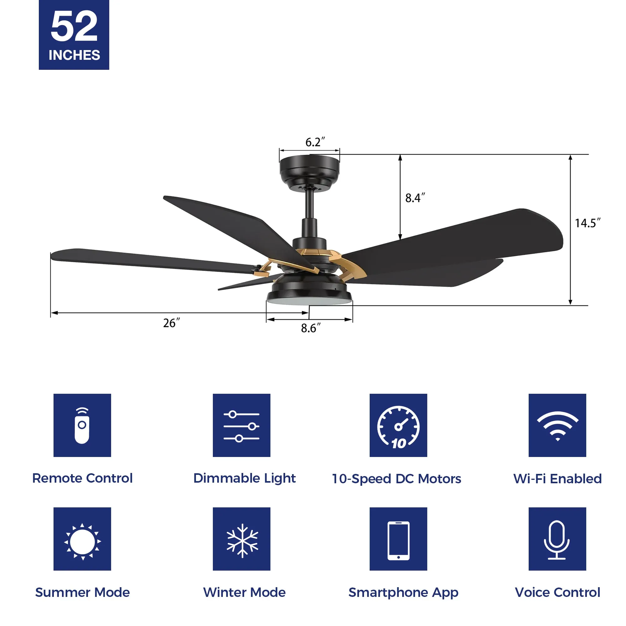 Bradford Outdoor Ceiling Fan with Dimmable LED Light Remote 52"-Smart