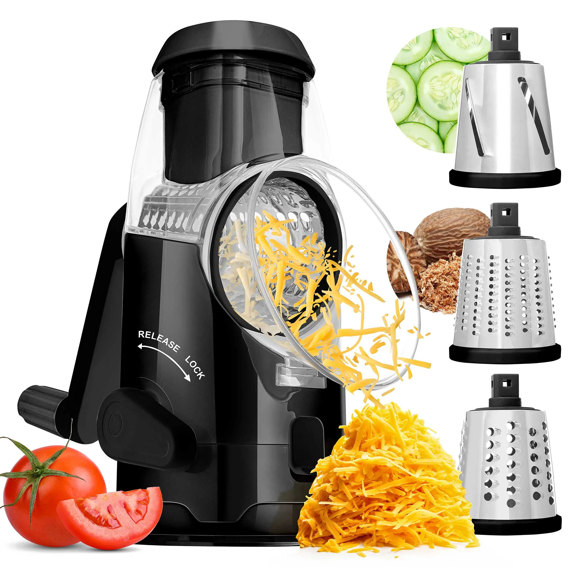 Brentwood KA-5060BK Rotary Cheese, Vegetable, Nut Grater, Shredder, and Slicer, with Handle and Stainless Steel Drum Blades, Black