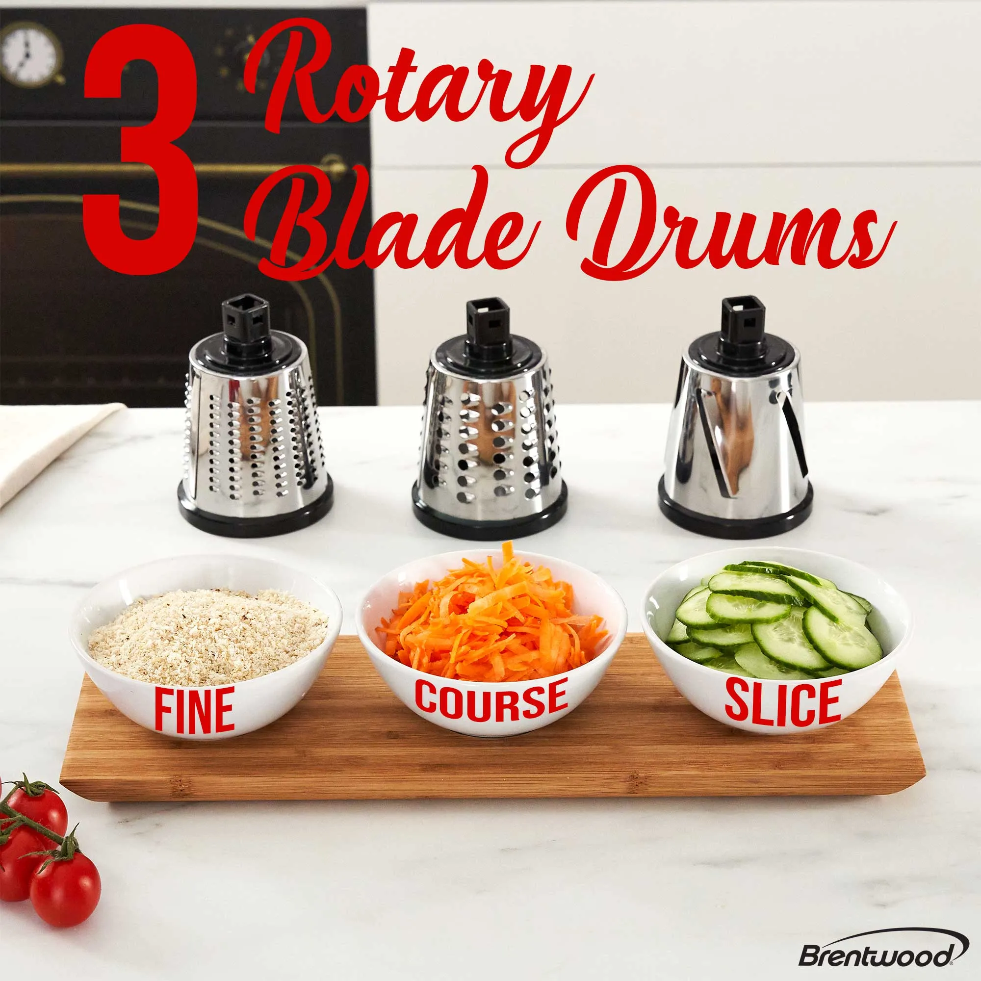 Brentwood KA-5060BK Rotary Cheese, Vegetable, Nut Grater, Shredder, and Slicer, with Handle and Stainless Steel Drum Blades, Black