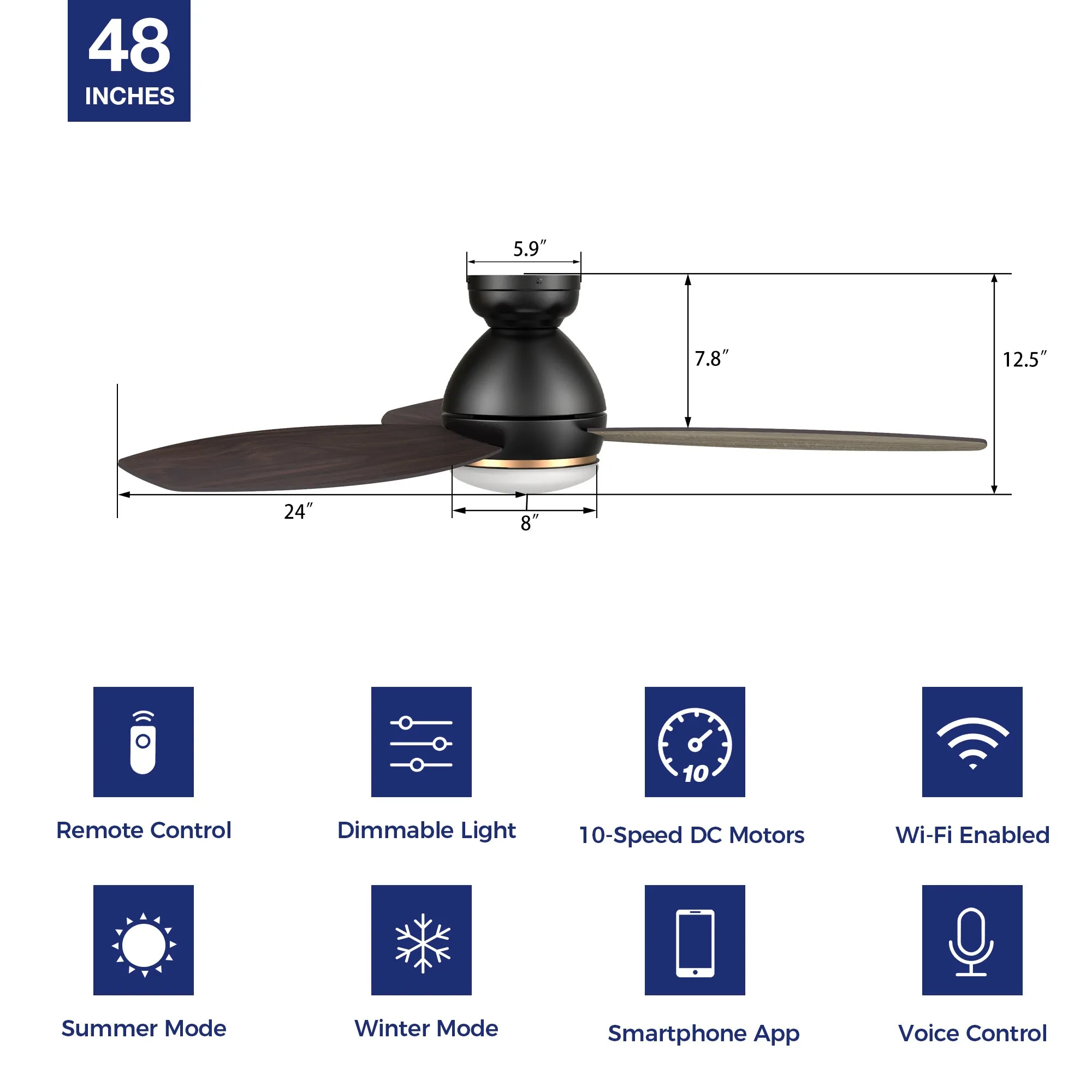 Bretton Low Profile Outdoor/Indoor Smart Fan with LED Light Remote 48"