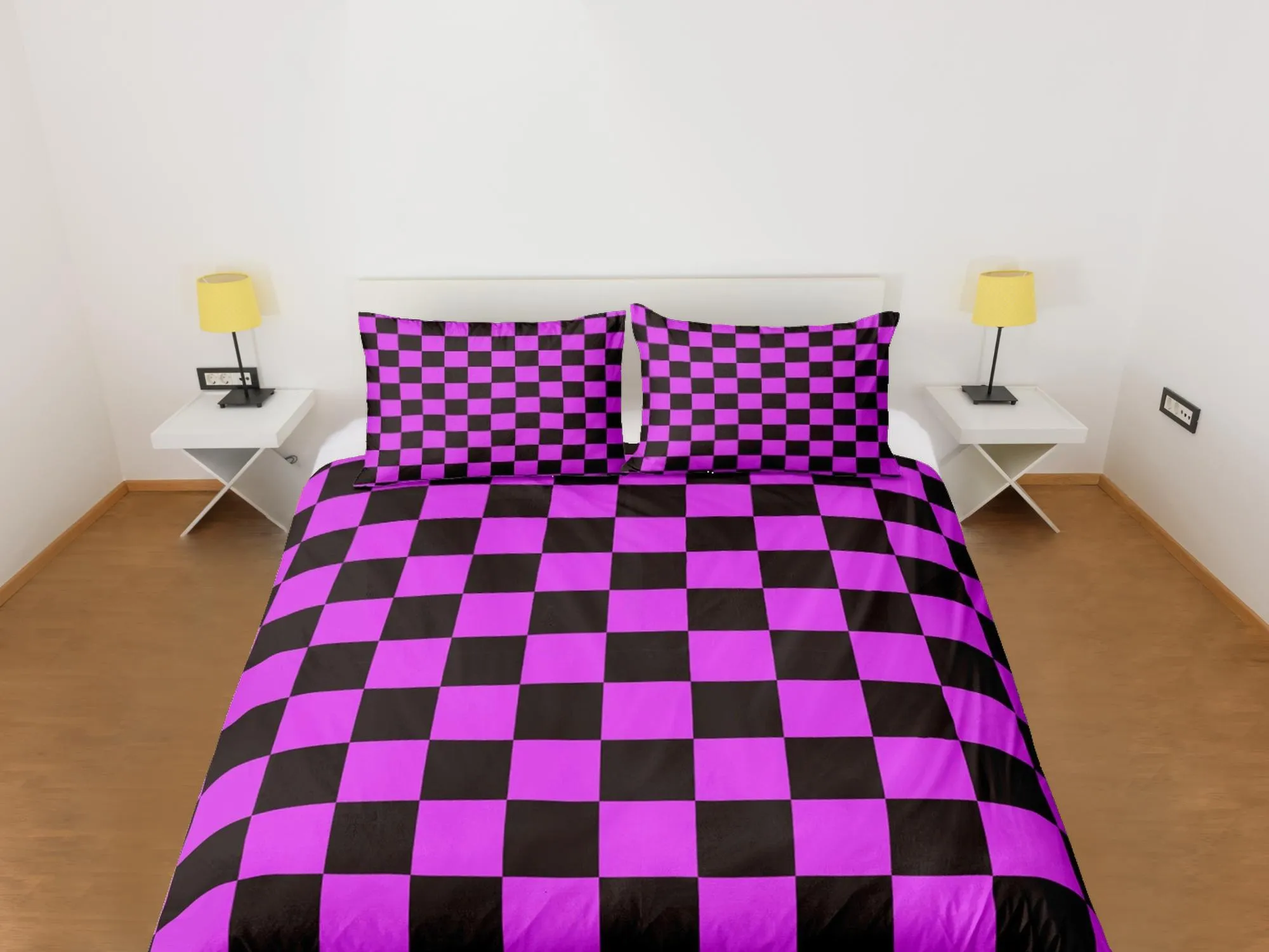 Checkered Fabric Hot Pink Duvet Cover Colorful Dorm Bedding Set Full Check Comforter Cover