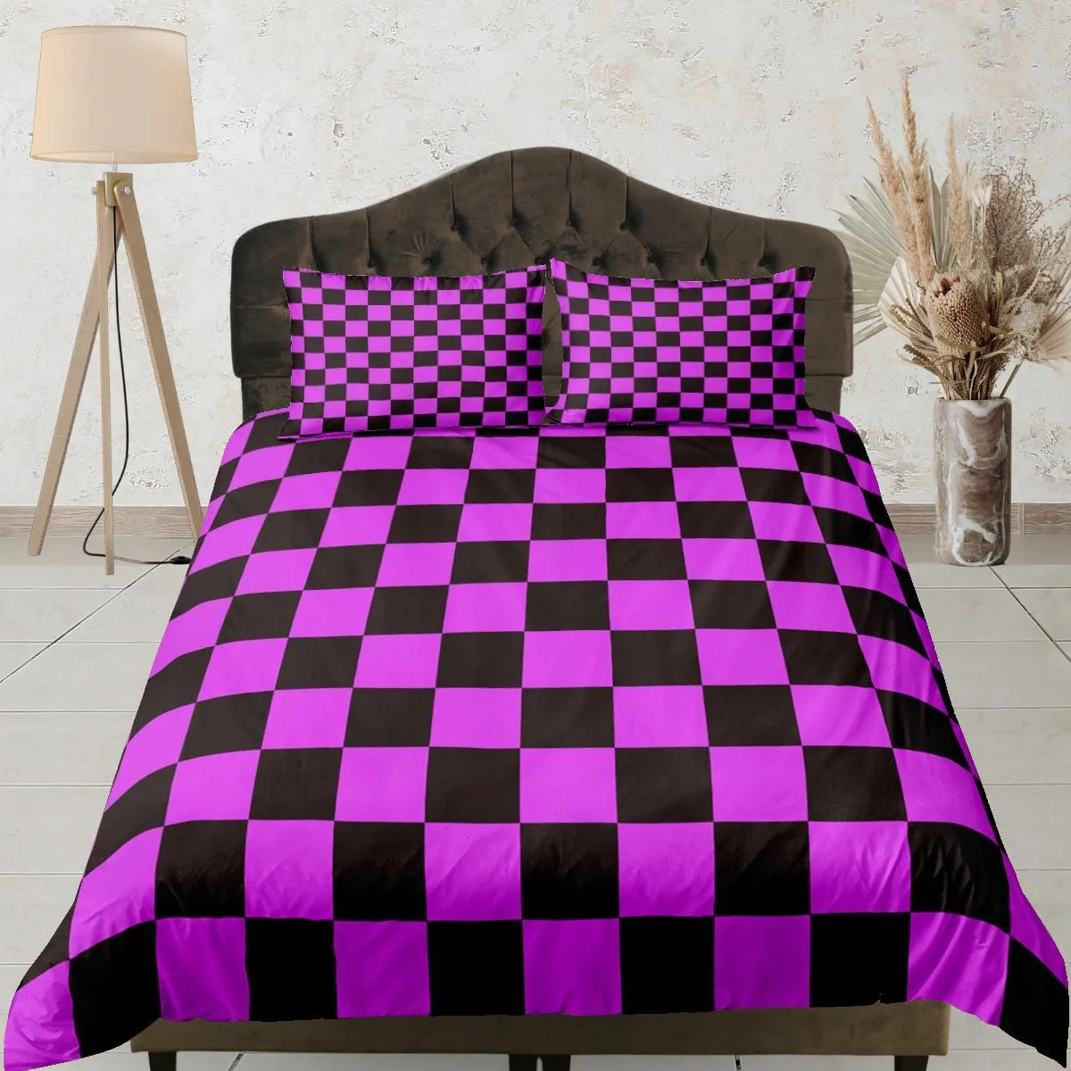 Checkered Fabric Hot Pink Duvet Cover Colorful Dorm Bedding Set Full Check Comforter Cover