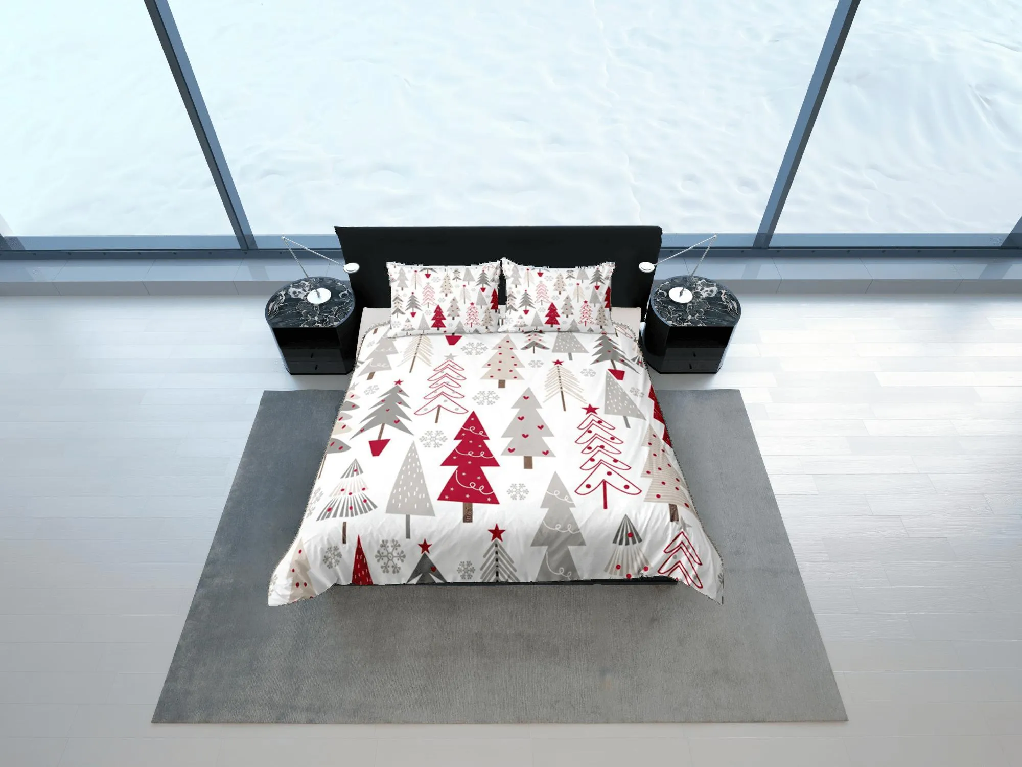 Christmas Tree Duvet Cover Set, Red Bedspread Holiday Gift Bedding Set