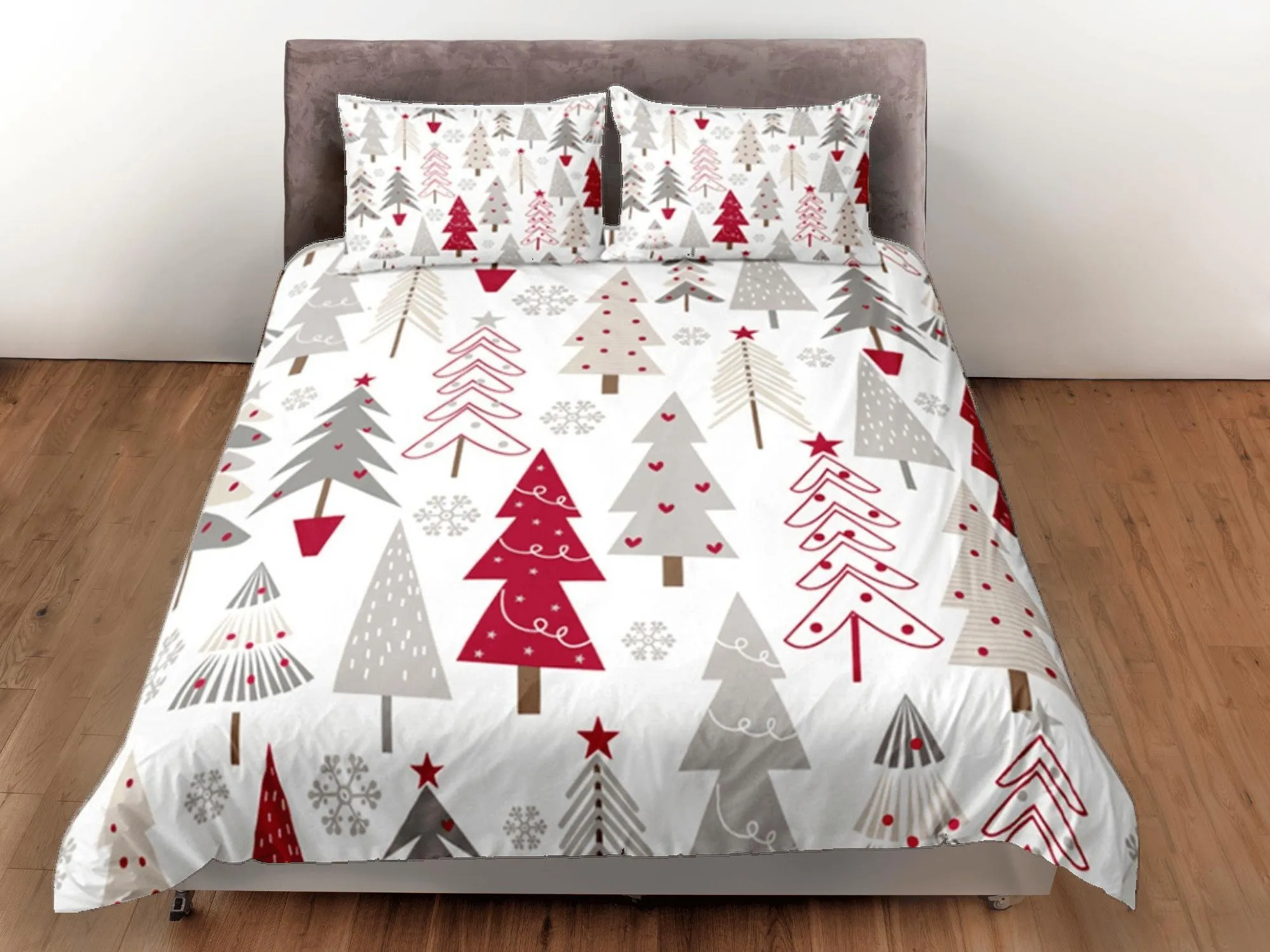 Christmas Tree Duvet Cover Set, Red Bedspread Holiday Gift Bedding Set