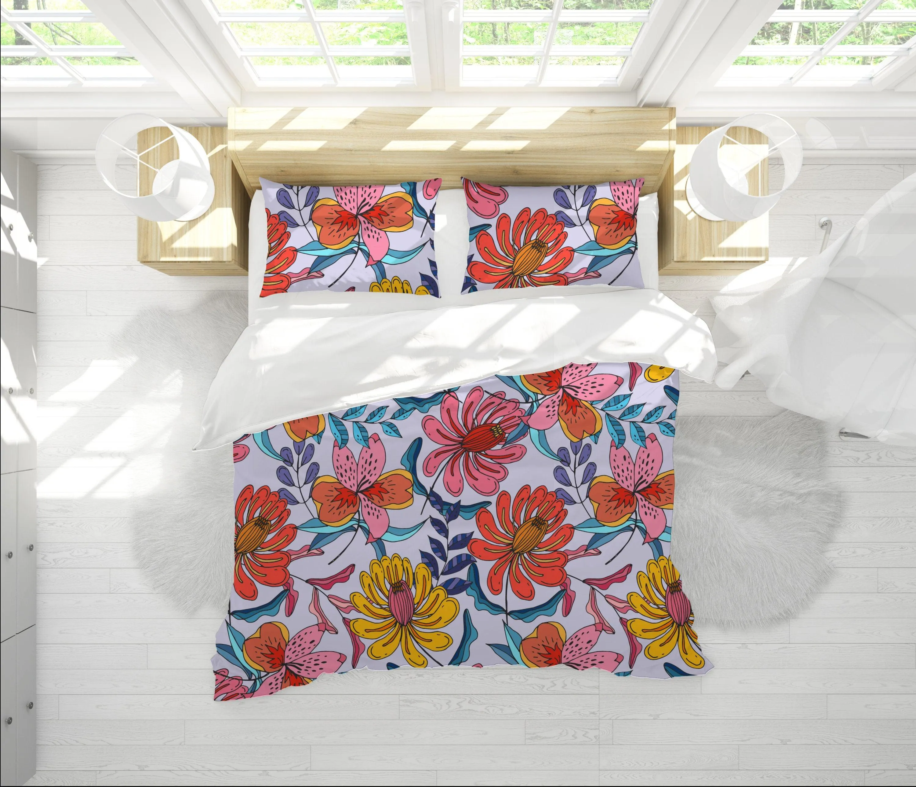 Chrysanthemum Colorful Duvet Cover | Beautiful Bedding Set with Spider Mum Flower Design