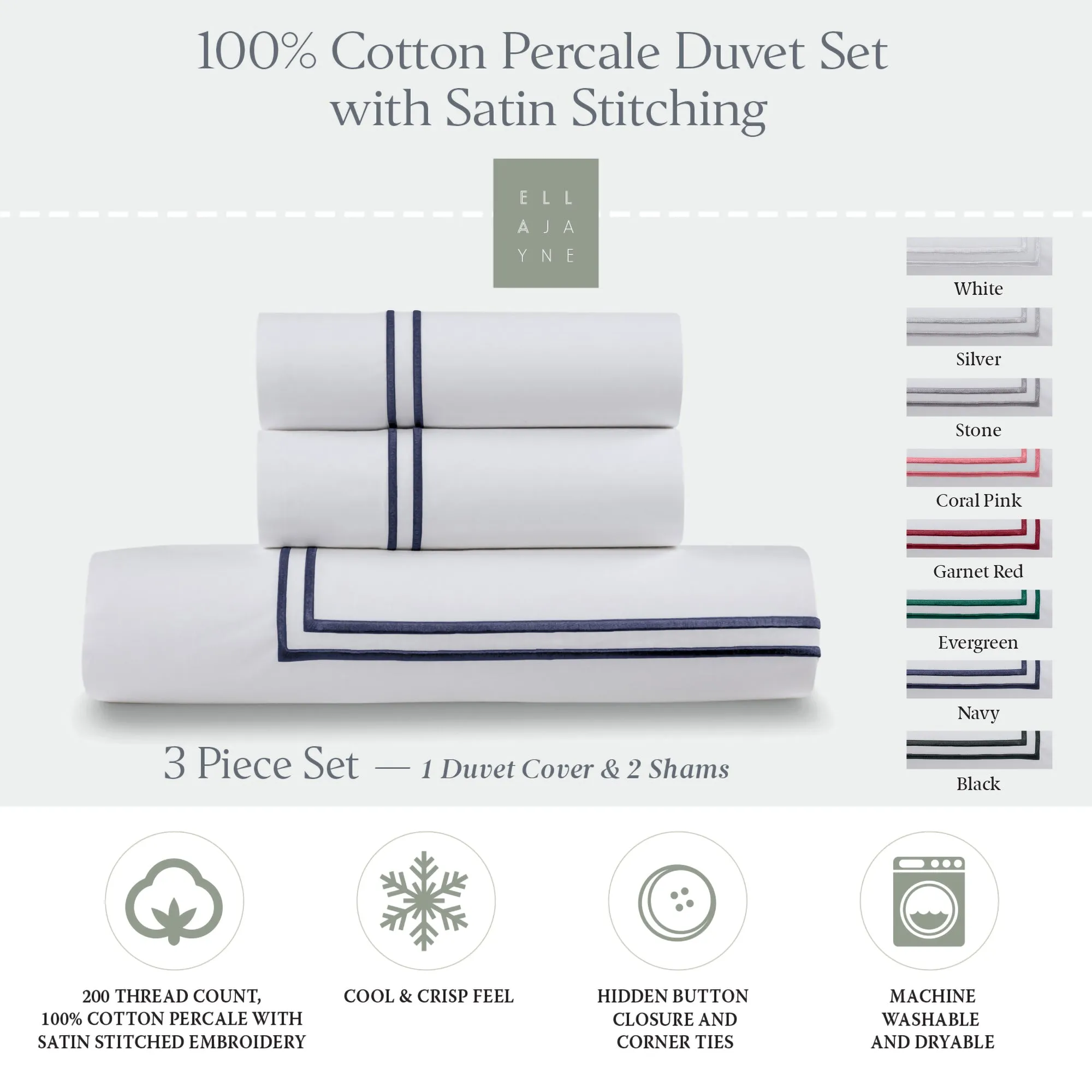 Classic Cotton Percale Duvet Set with Satin Stitching