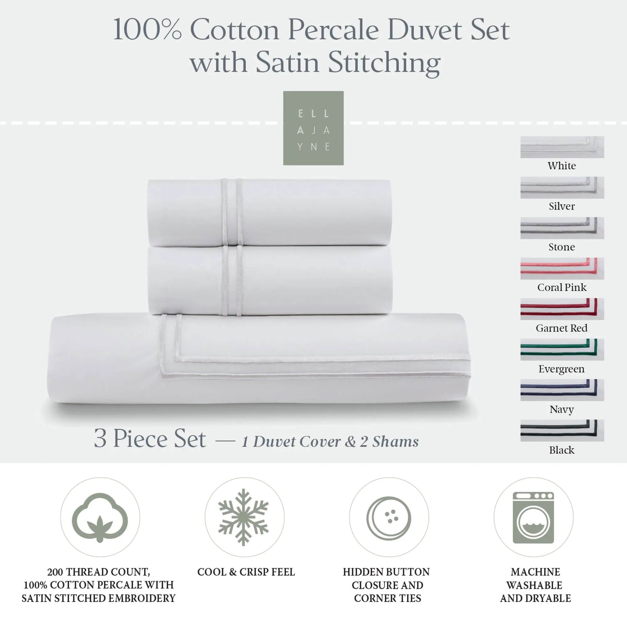 Classic Cotton Percale Duvet Set with Satin Stitching