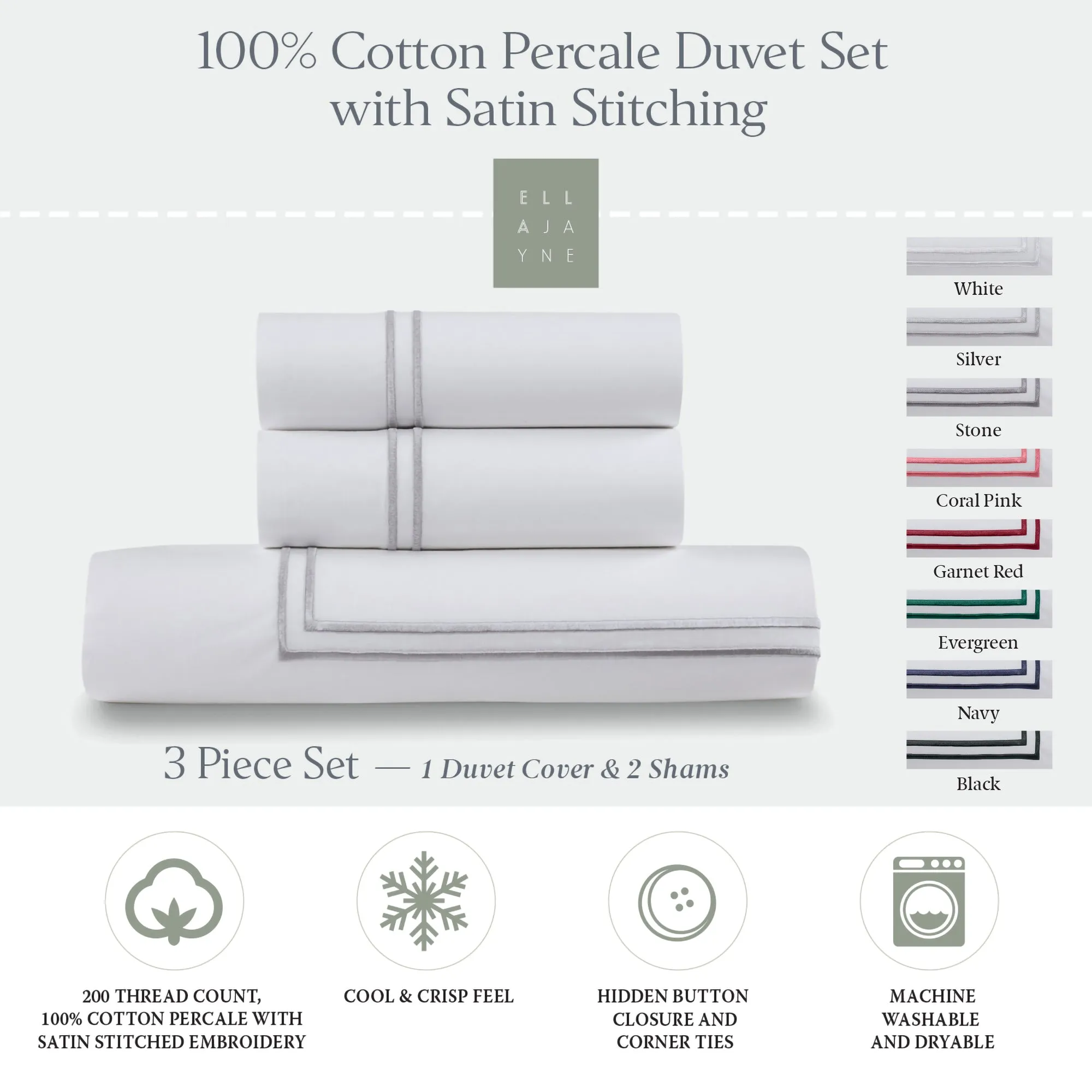 Classic Cotton Percale Duvet Set with Satin Stitching