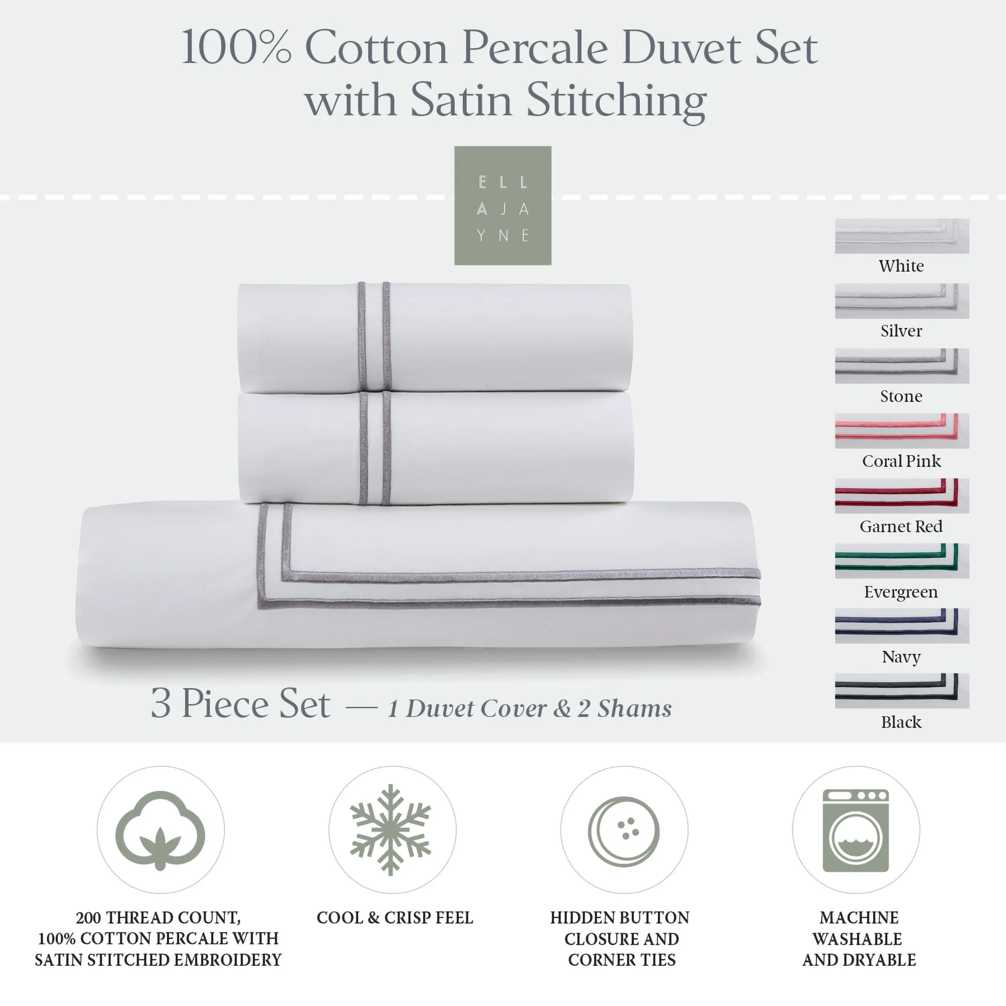 Classic Cotton Percale Duvet Set with Satin Stitching