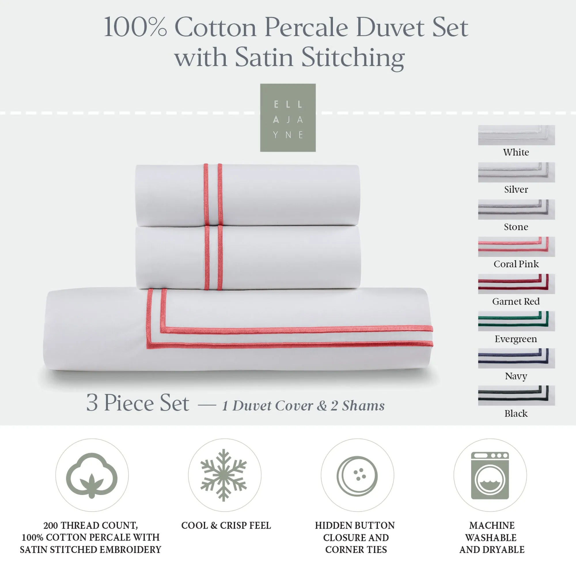 Classic Cotton Percale Duvet Set with Satin Stitching