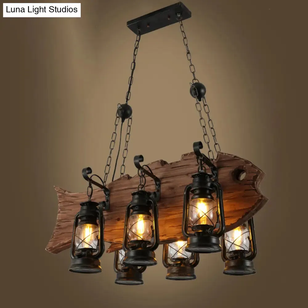 Coastal Black Kerosene Chandelier with Clear Glass and Wood Fish - 6 Heads for Restaurant Pendant Lighting