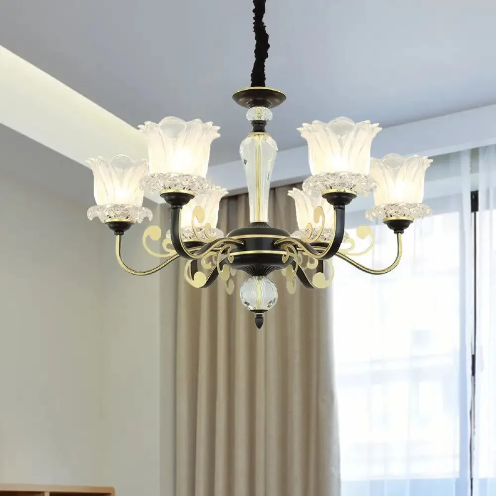 Contemporary Clear Glass Flower Pendant Light - Black Chandelier with 6/8/10 Heads