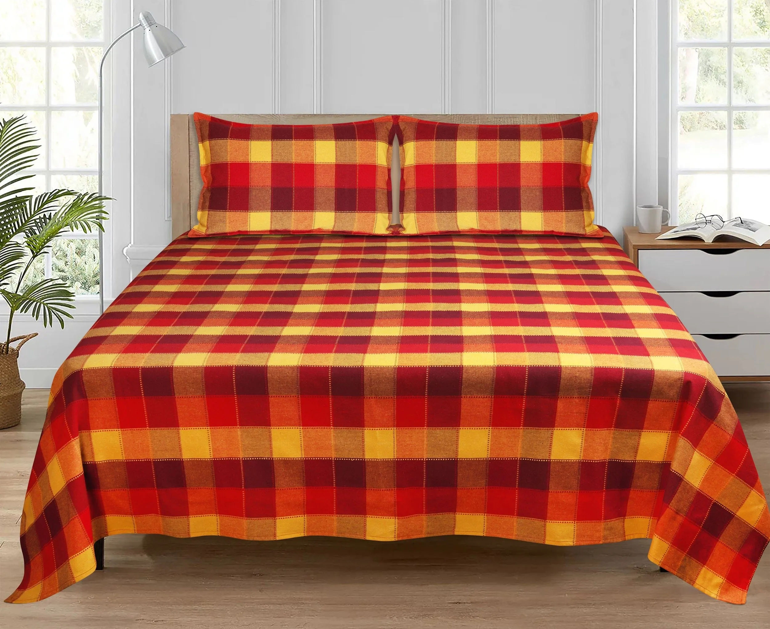 Cotton Checkered Bedsheet with Pillow Covers (Red, Yellow) - available sizes, Single, Double/Queen, King and Super King