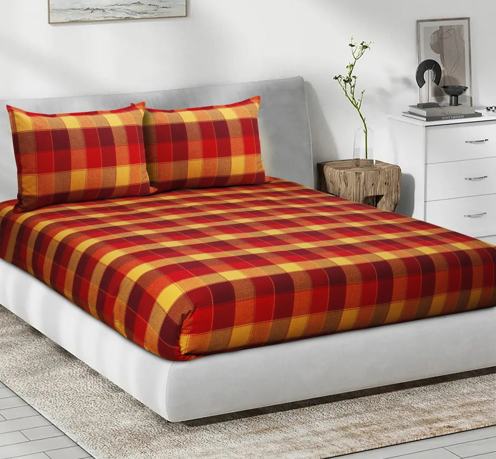 Cotton Checkered Bedsheet with Pillow Covers (Red, Yellow) - available sizes, Single, Double/Queen, King and Super King