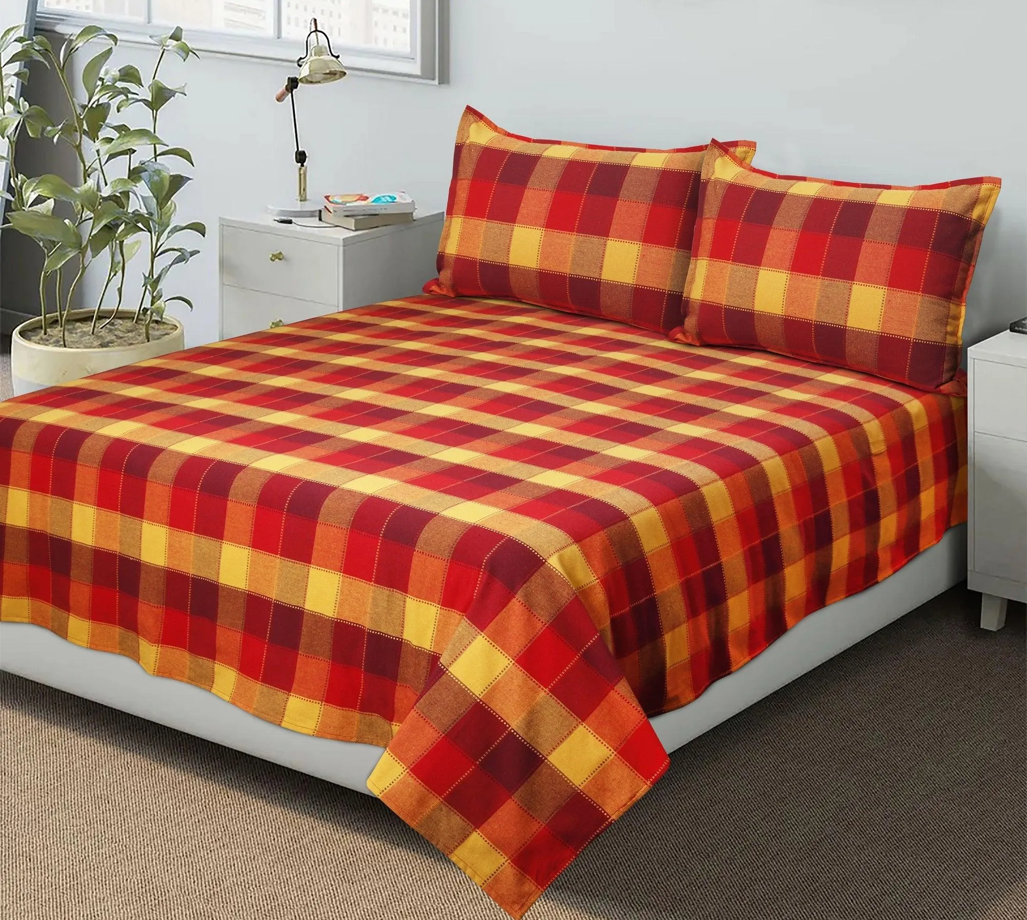 Cotton Checkered Bedsheet with Pillow Covers (Red, Yellow) - available sizes, Single, Double/Queen, King and Super King