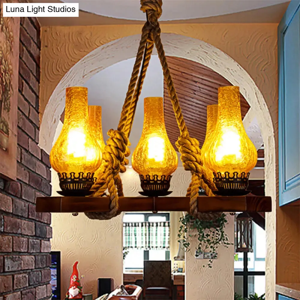 Country Stylish 5-Light Pendant Lamp with Yellow Cracked Glass Teardrop Shades and Rope Detailing