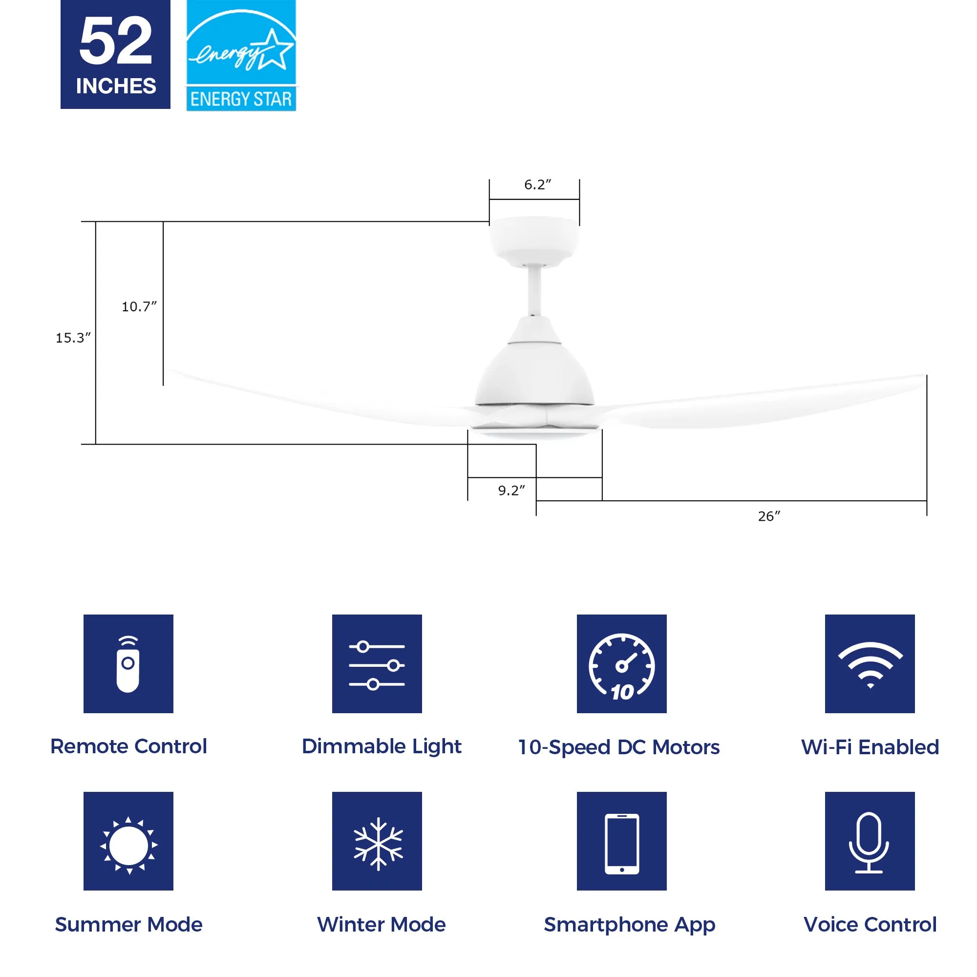 Cresta 52 inch Smart Ceiling Fan with Integrated LED Light and Remote