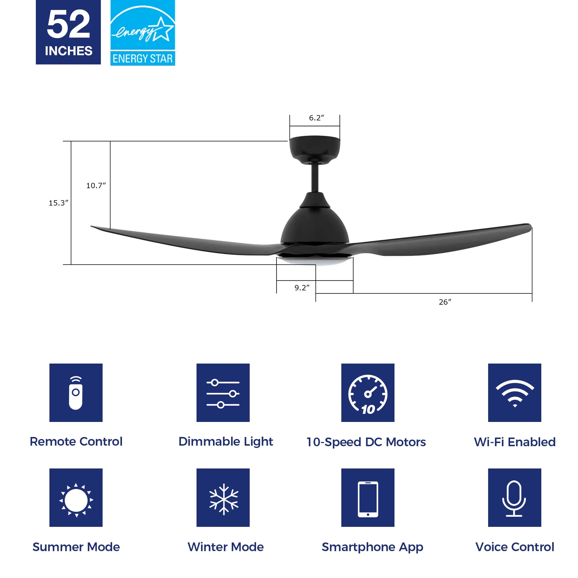 Cresta 52 inch Smart Ceiling Fan with Integrated LED Light and Remote