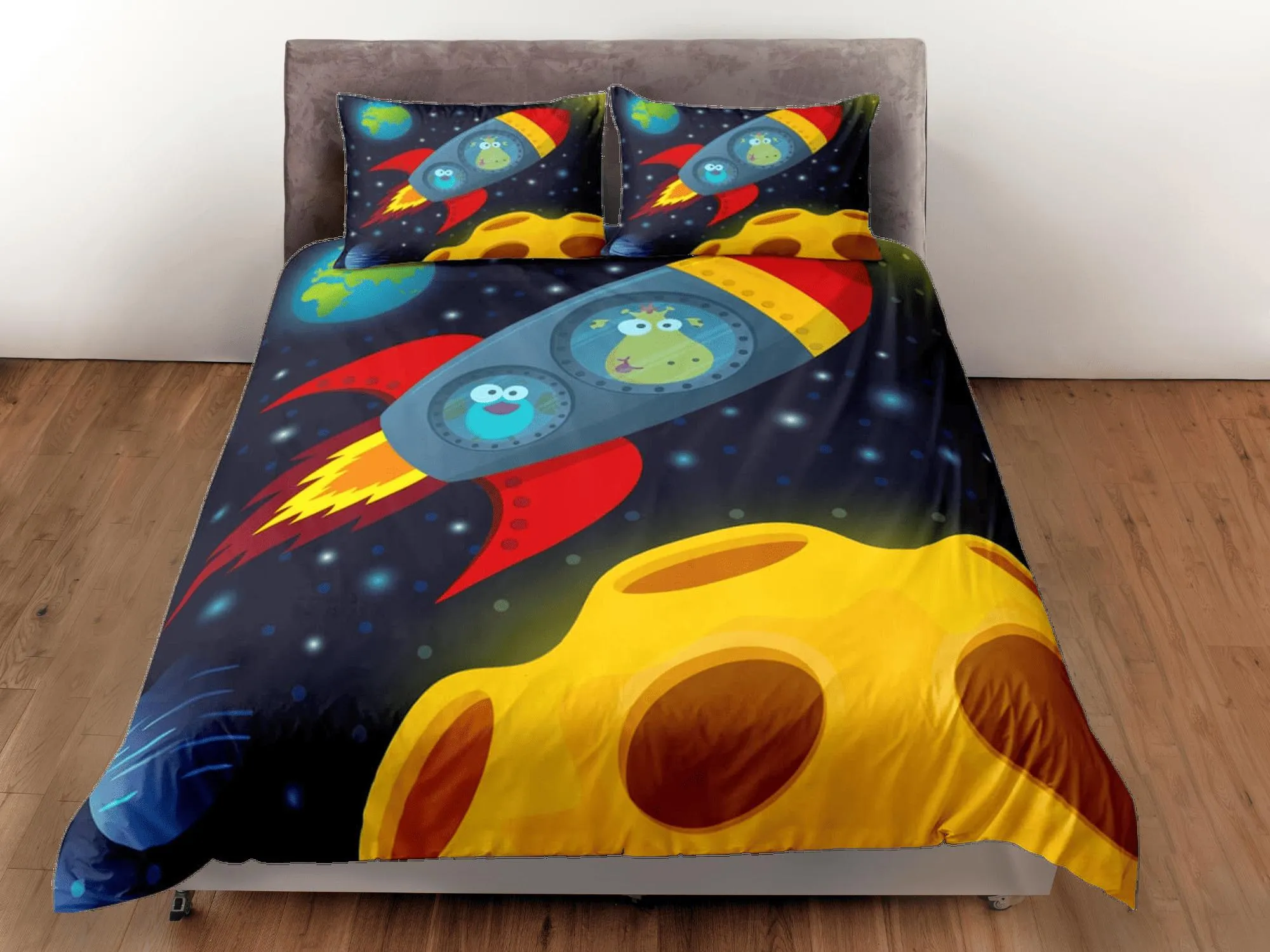 Cute animals in spaceship duvet cover set for kids, galaxy bedding set full, king, queen, astronomy dorm bedding, toddler bedding aesthetic