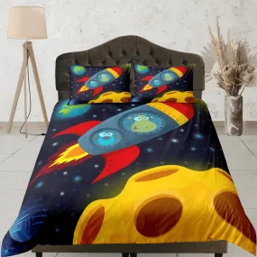 Cute animals in spaceship duvet cover set for kids, galaxy bedding set full, king, queen, astronomy dorm bedding, toddler bedding aesthetic