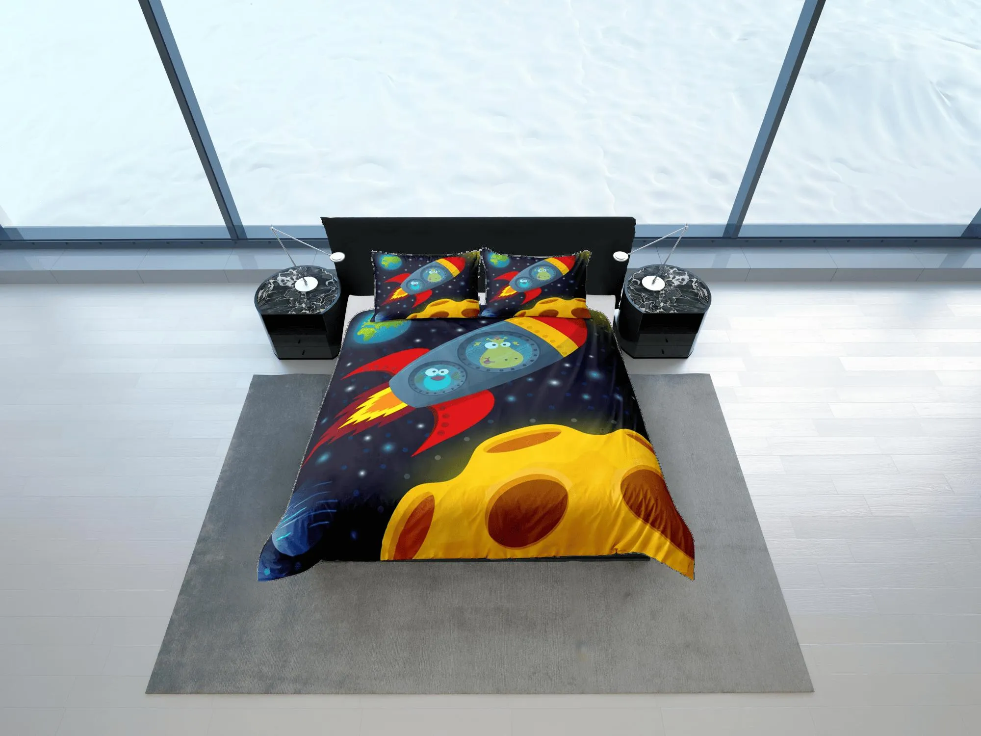 Cute animals in spaceship duvet cover set for kids, galaxy bedding set full, king, queen, astronomy dorm bedding, toddler bedding aesthetic