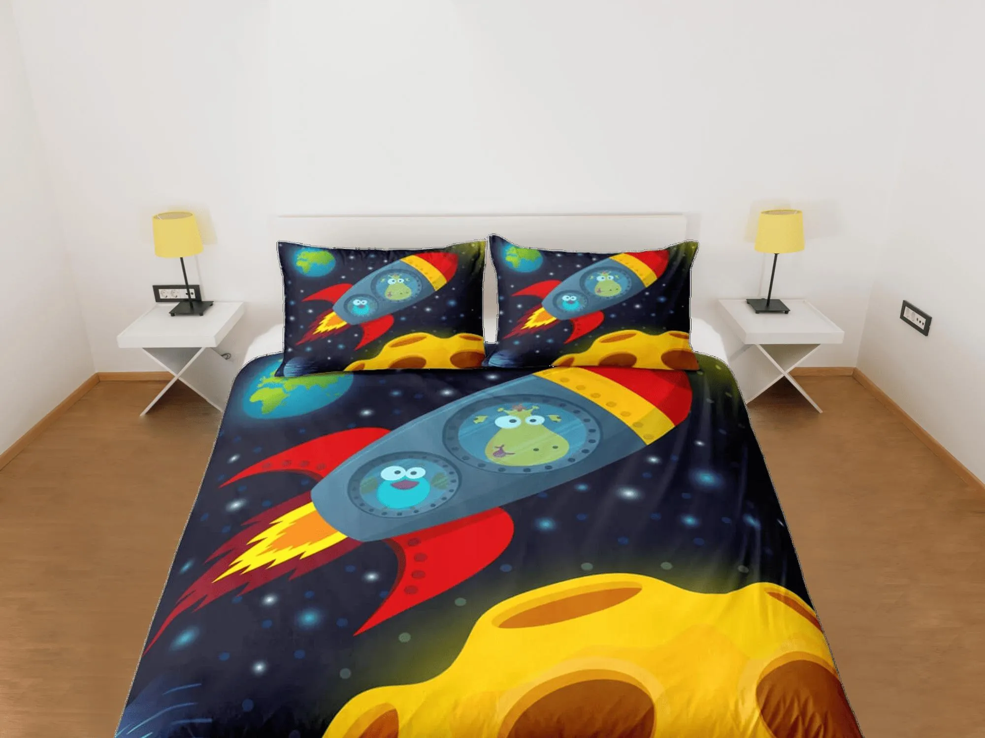 Cute animals in spaceship duvet cover set for kids, galaxy bedding set full, king, queen, astronomy dorm bedding, toddler bedding aesthetic