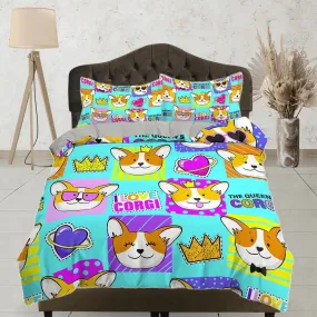 Cute corgi dog, colorful toddler bedding, unique duvet cover for nursery kids, neon crib bedding, baby zipper bedding, king queen full twin