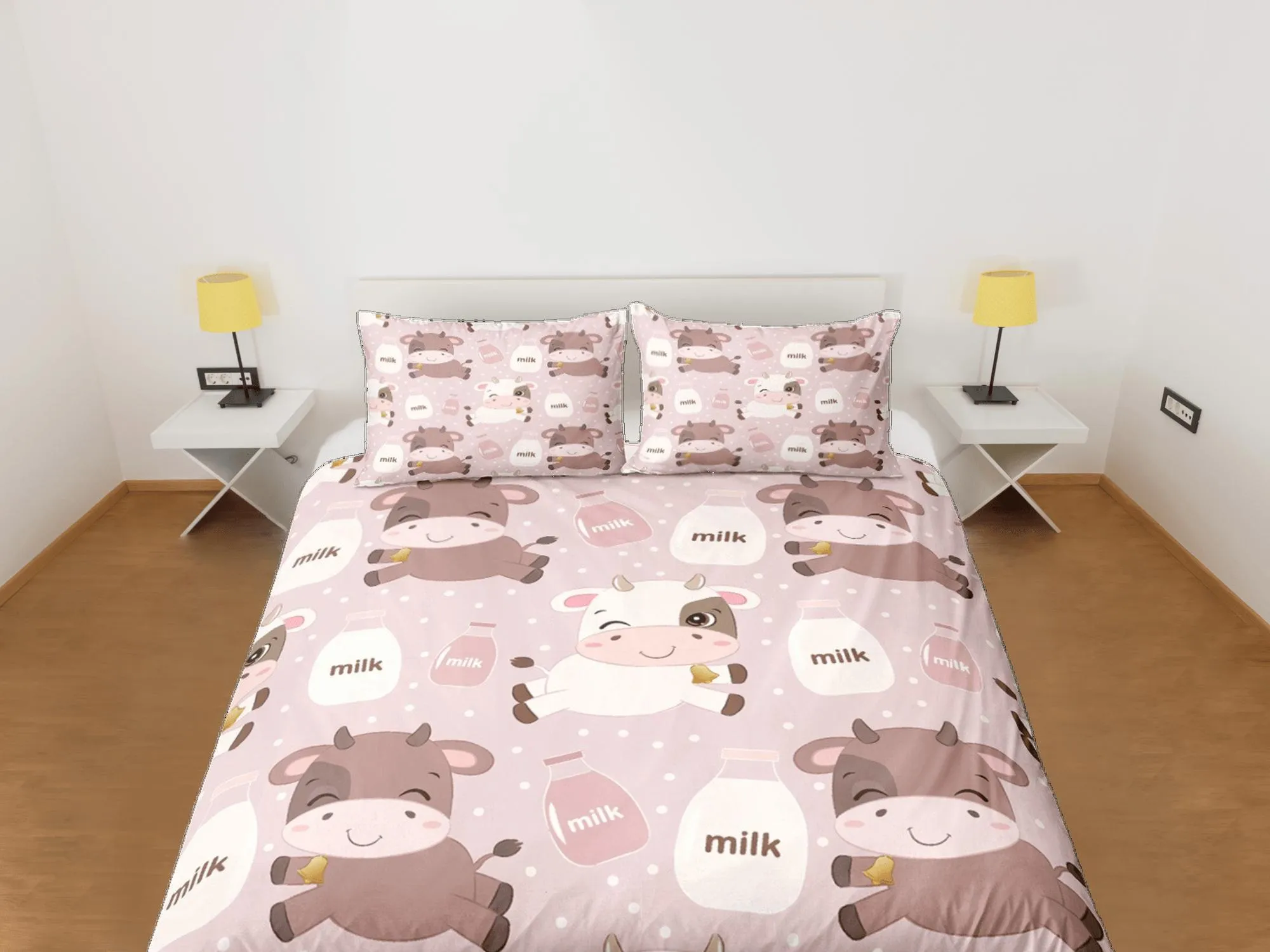 Cute Cow Pink Duvet Cover Set Colorful Bedspread, Kids Full Bedding Set with Pillowcase, King Duvet Cover Queen Comforter Cover