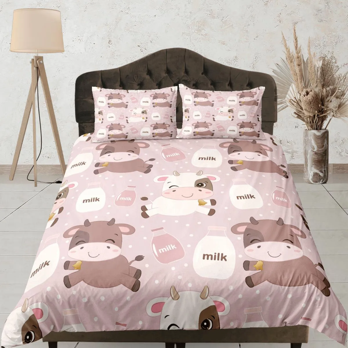 Cute Cow Pink Duvet Cover Set Colorful Bedspread, Kids Full Bedding Set with Pillowcase, King Duvet Cover Queen Comforter Cover