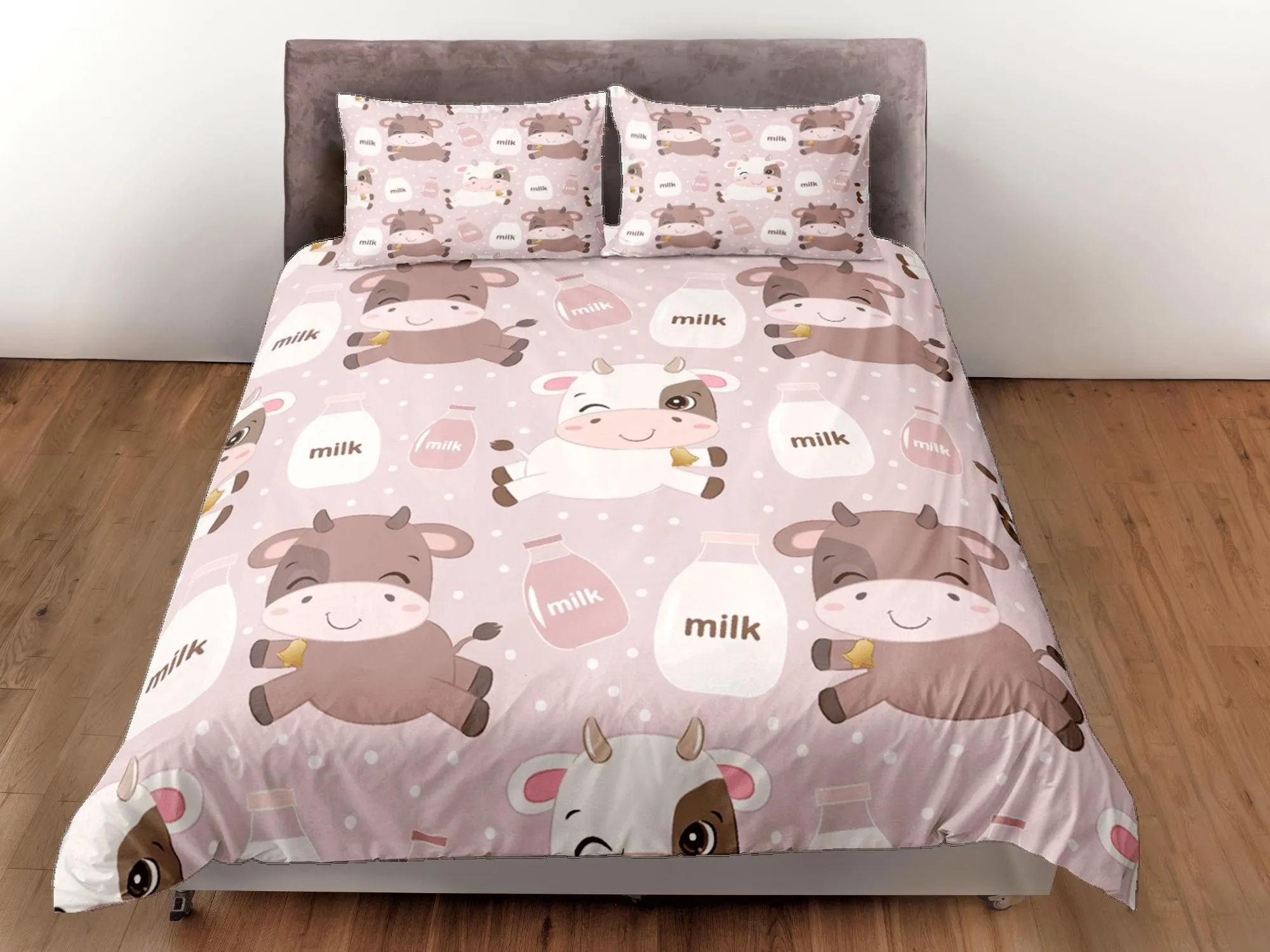 Cute Cow Pink Duvet Cover Set Colorful Bedspread, Kids Full Bedding Set with Pillowcase, King Duvet Cover Queen Comforter Cover