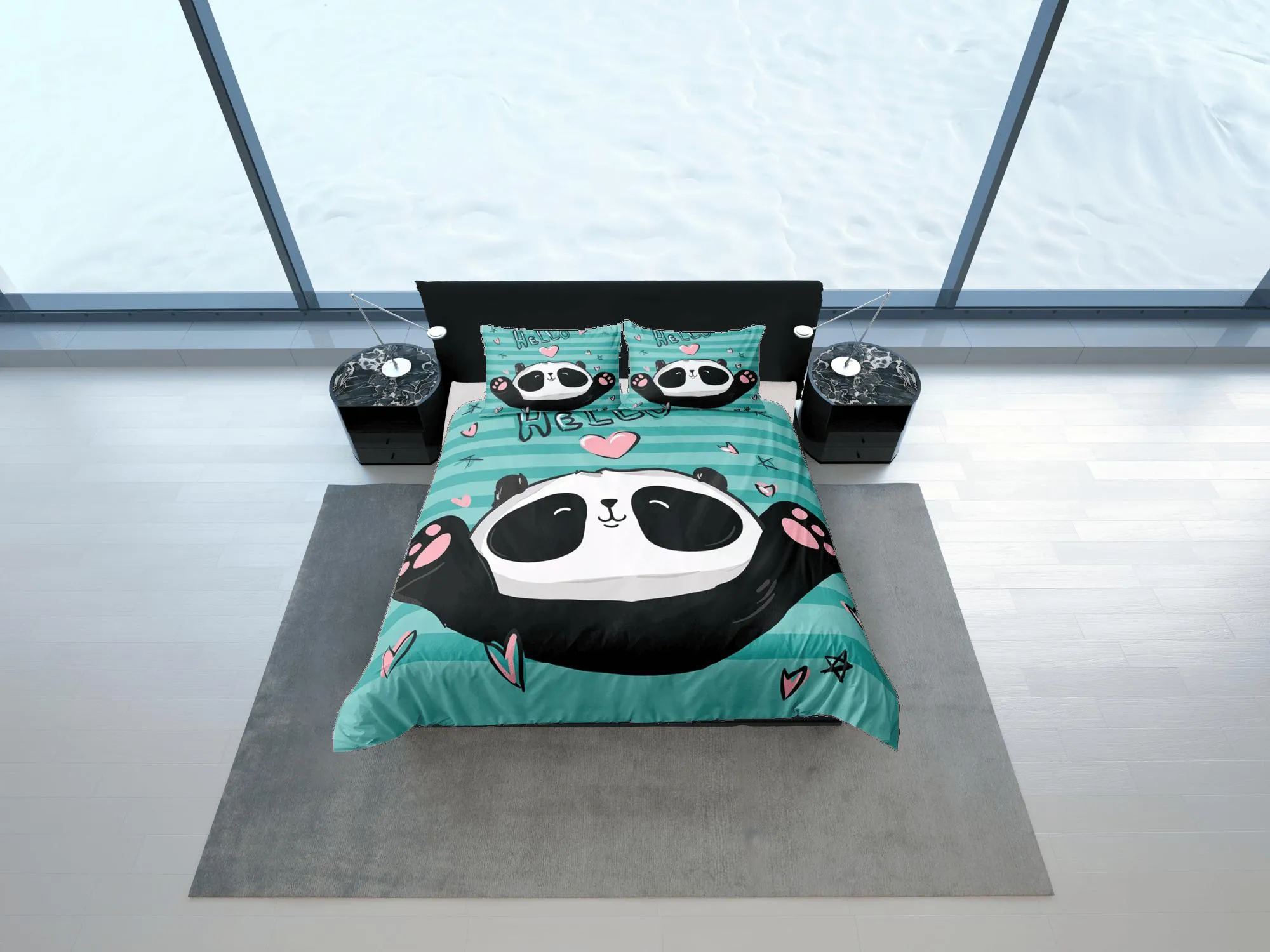 Cute Panda Lover Green Duvet Cover Set Colorful Bedspread, Kids Bedding Pillowcase