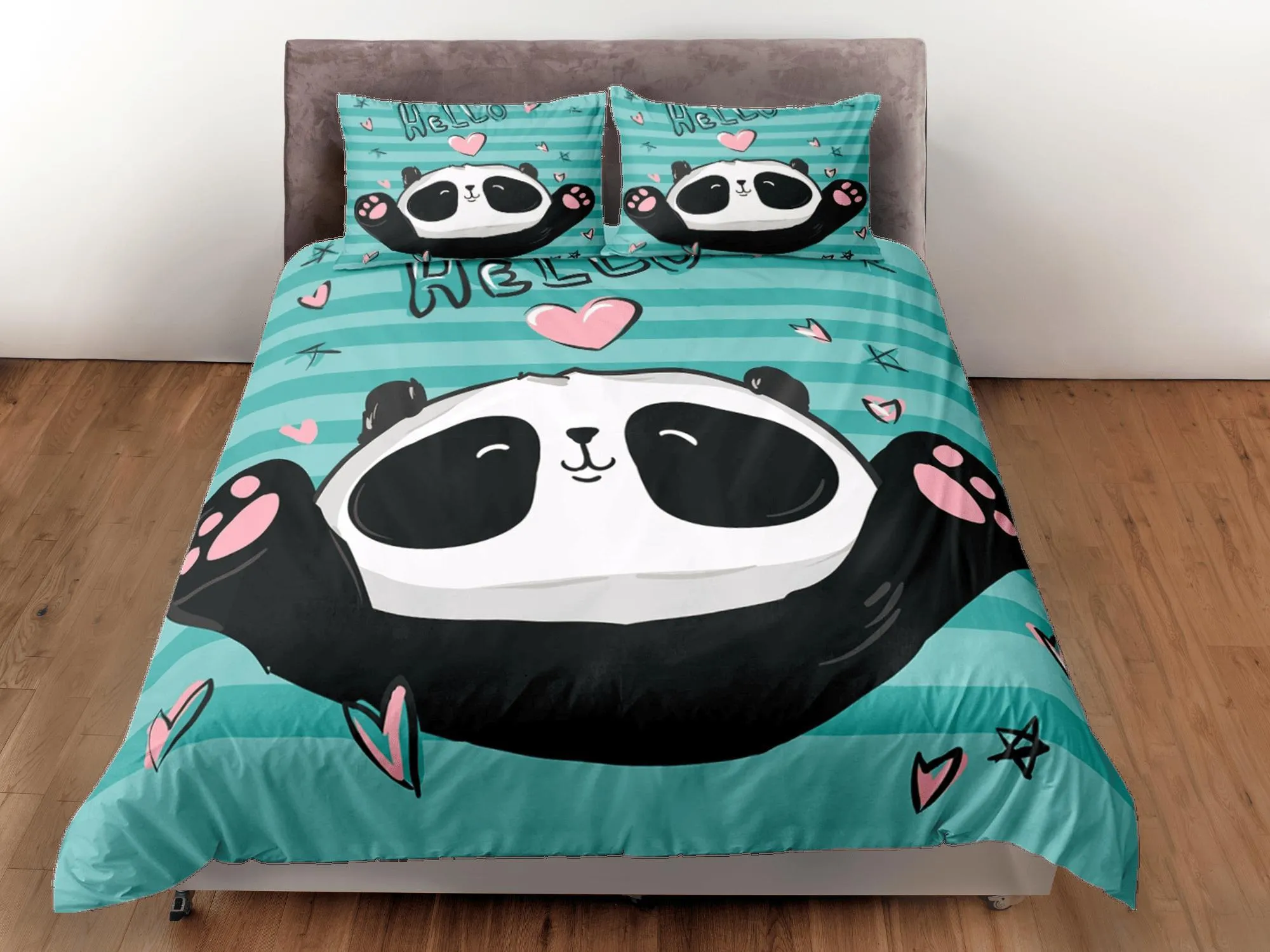 Cute Panda Lover Green Duvet Cover Set Colorful Bedspread, Kids Bedding Pillowcase