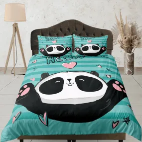 Cute Panda Lover Green Duvet Cover Set Colorful Bedspread, Kids Bedding Pillowcase