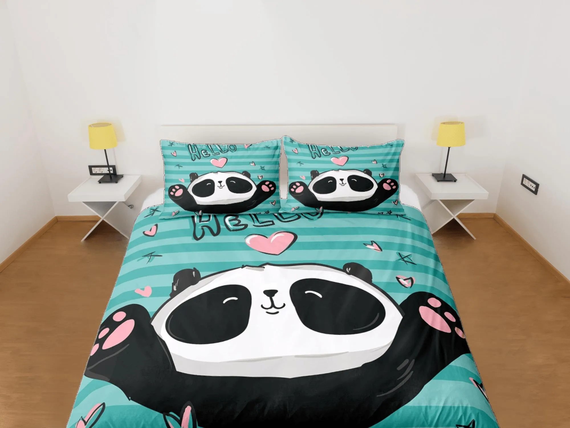 Cute Panda Lover Green Duvet Cover Set Colorful Bedspread, Kids Bedding Pillowcase