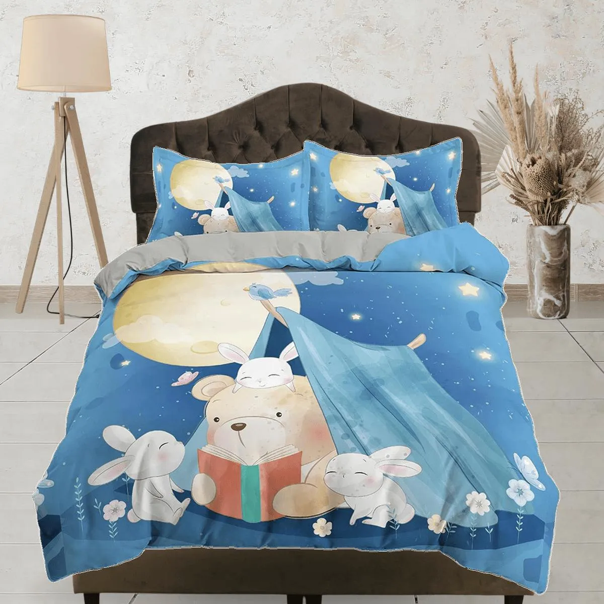 Cute teddy bear and bunny night camp toddler bedding, duvet cover for nursery kids, crib bedding, baby zipper bedding, king queen full twin