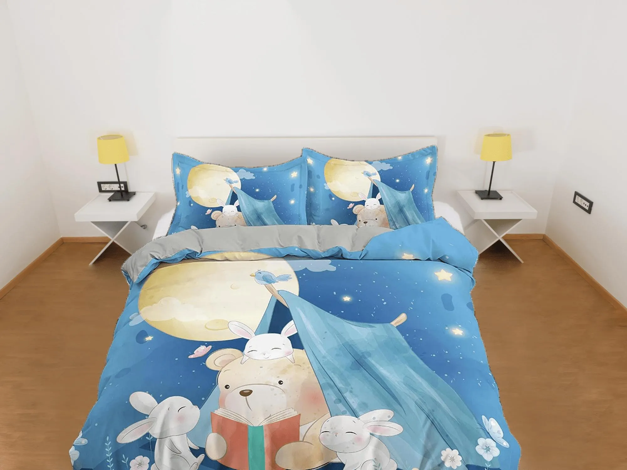 Cute teddy bear and bunny night camp toddler bedding, duvet cover for nursery kids, crib bedding, baby zipper bedding, king queen full twin