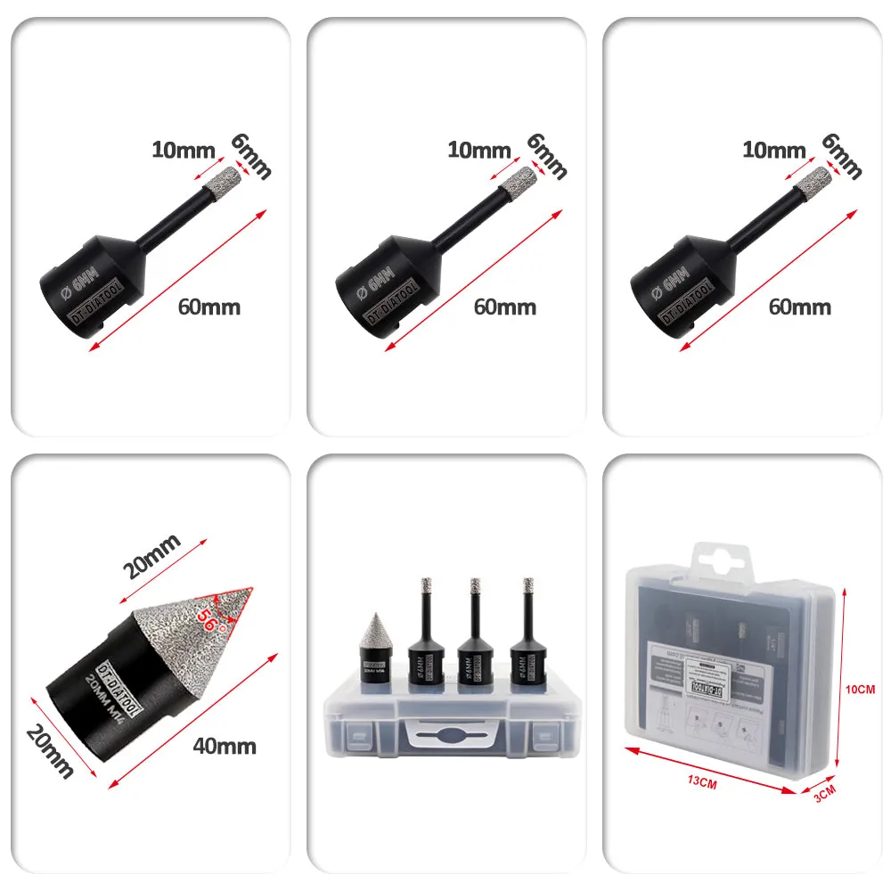 DIATOOL Diamond Drill Bits 4pcs/set 6/6/6mm Core Bits 20mm Chamfer Bit Porcelain Granite Marble Vacuum Brazed Hole Saw M14 Thread