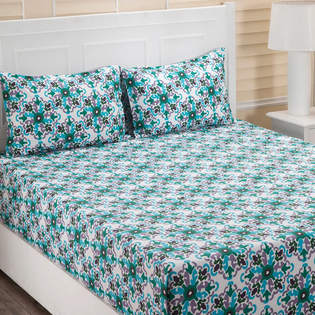 Donatella Cadence Printed 144TC 100% Cotton Blue Bed Sheet