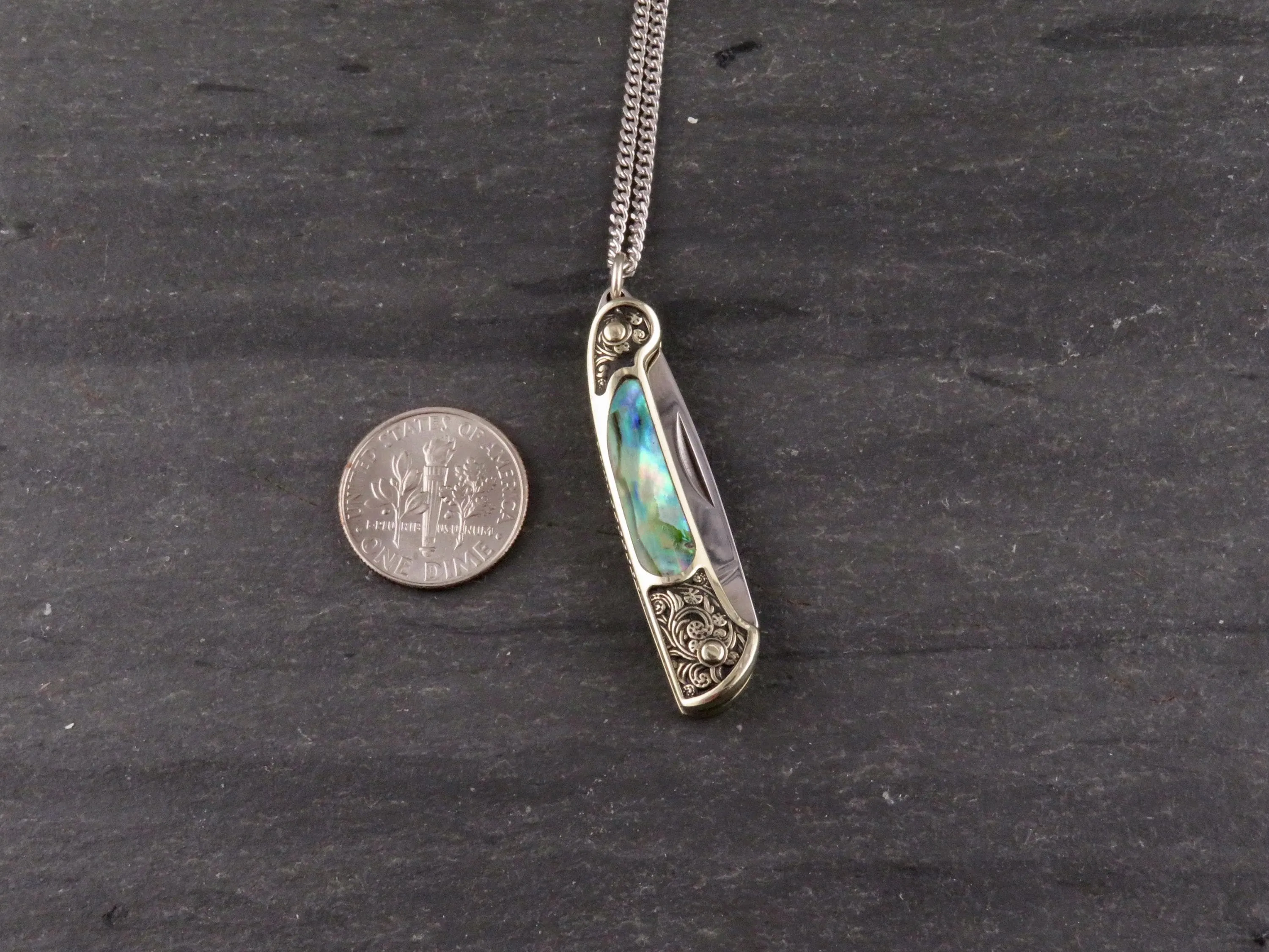 Etched Brass Abalone Knife Necklace