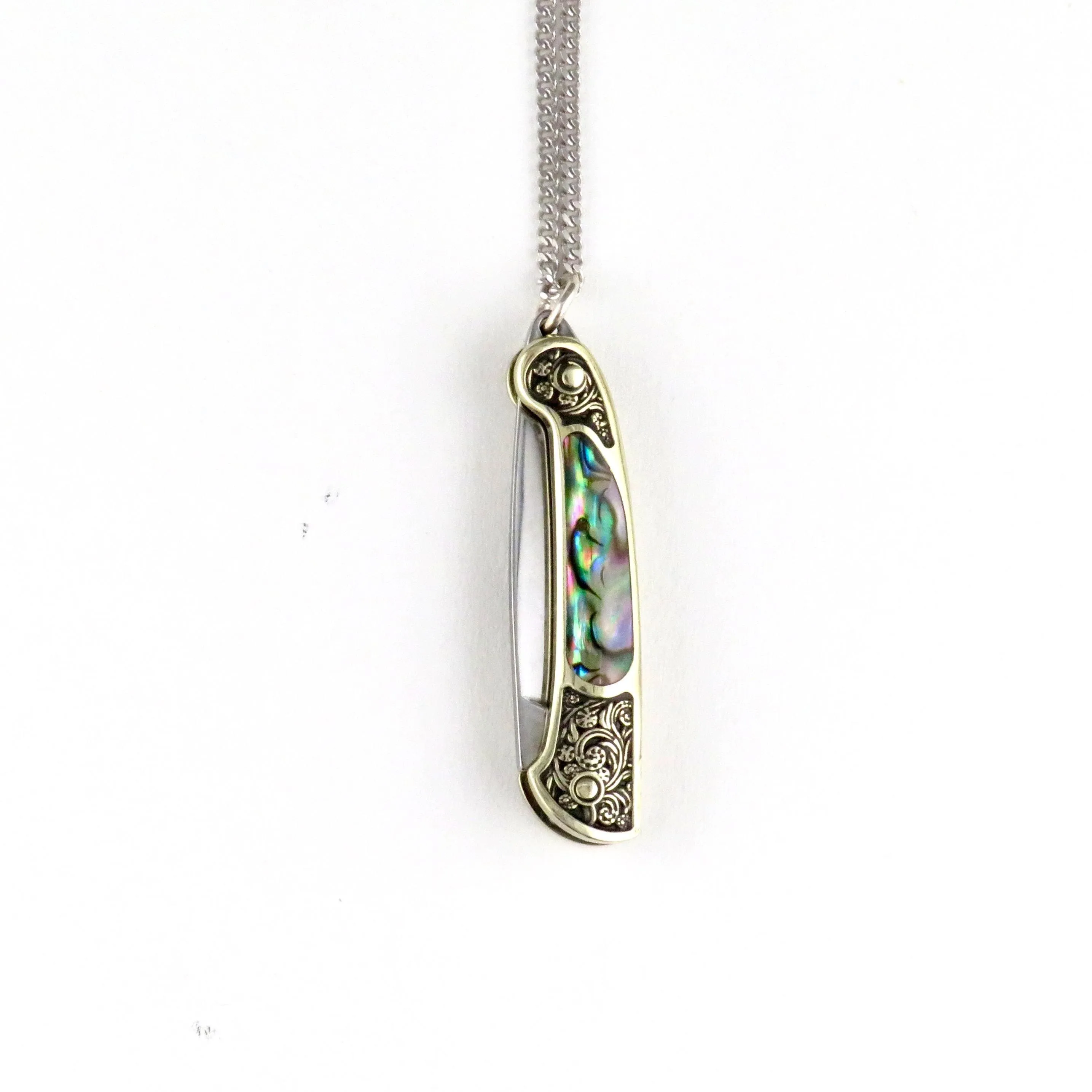 Etched Brass Abalone Knife Necklace