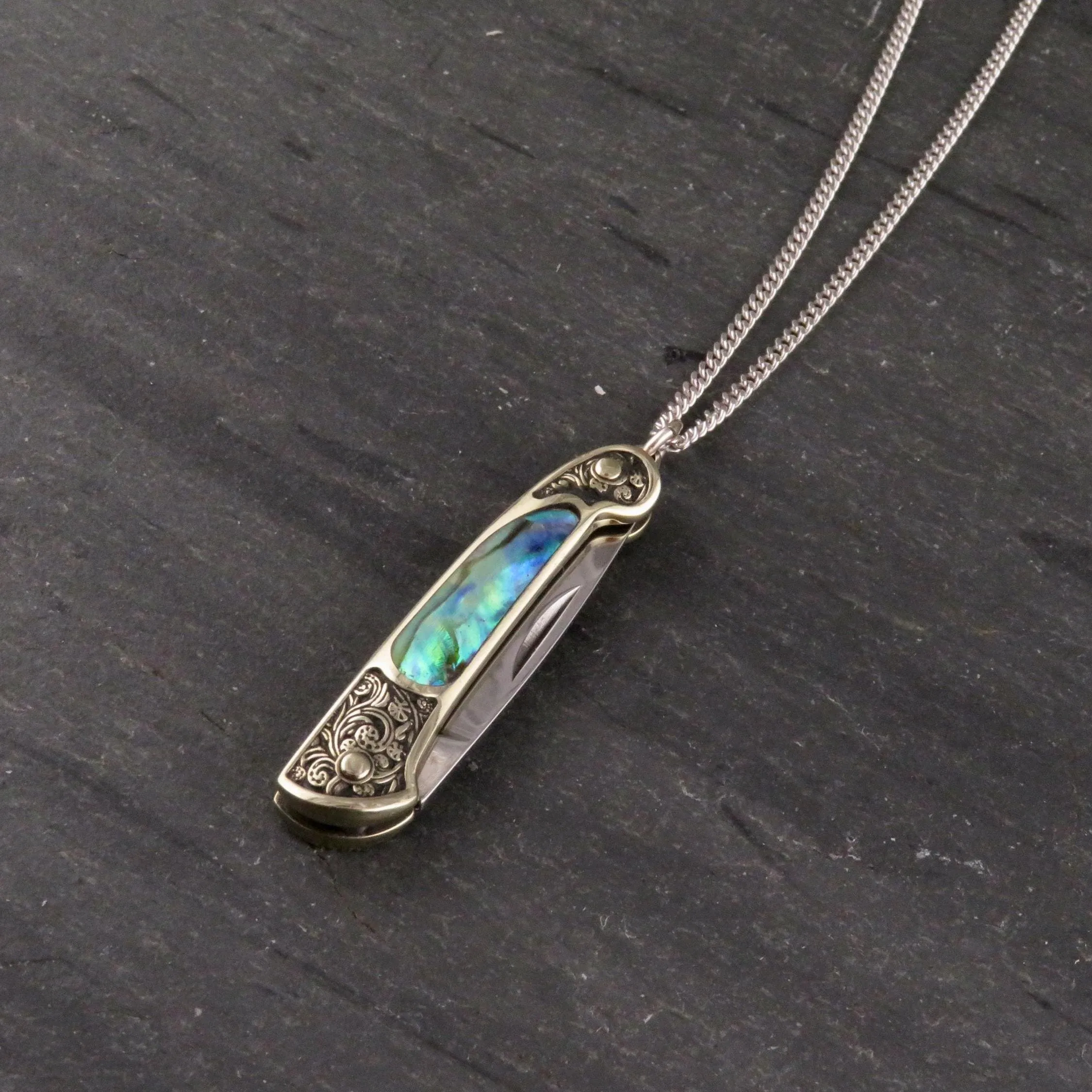 Etched Brass Abalone Knife Necklace