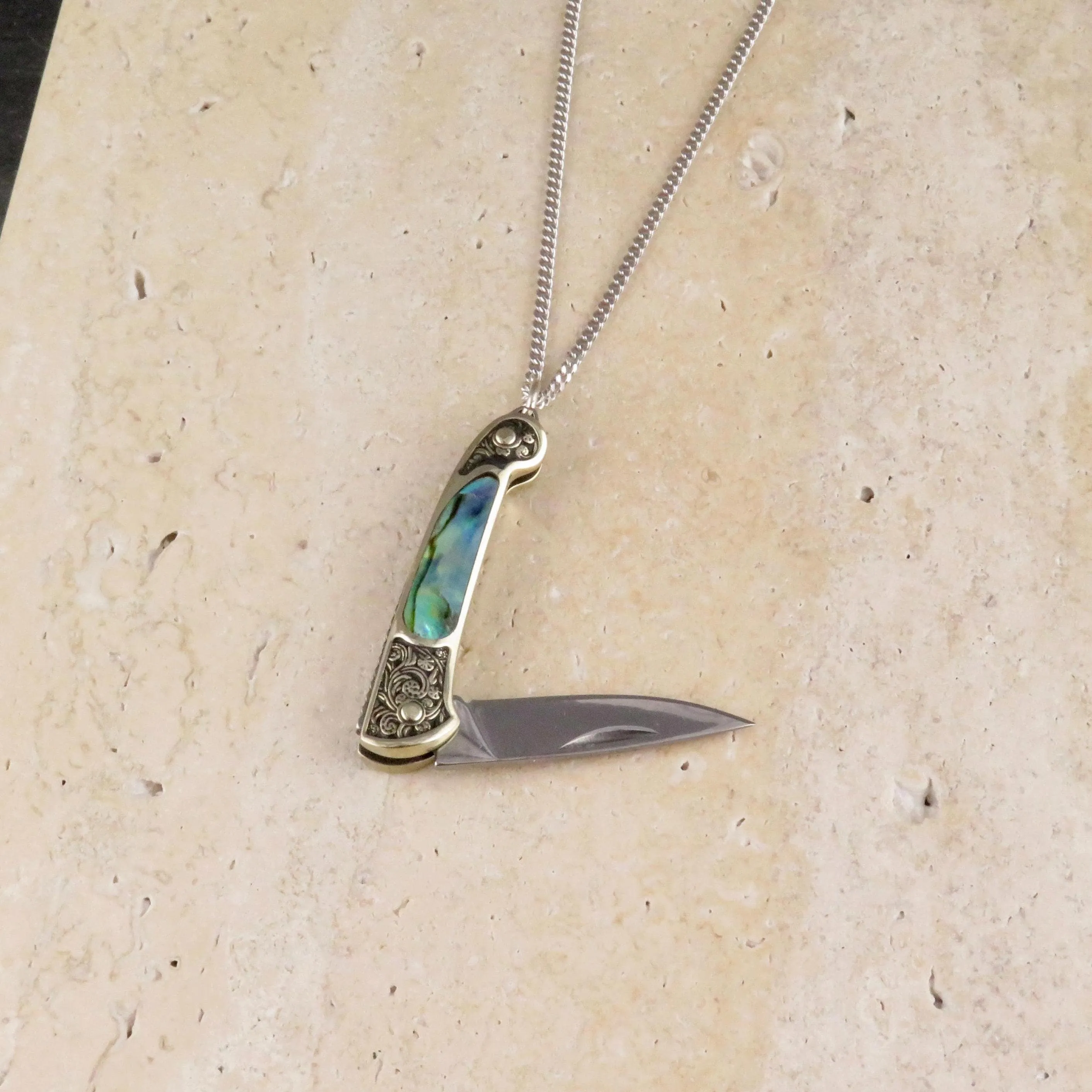 Etched Brass Abalone Knife Necklace