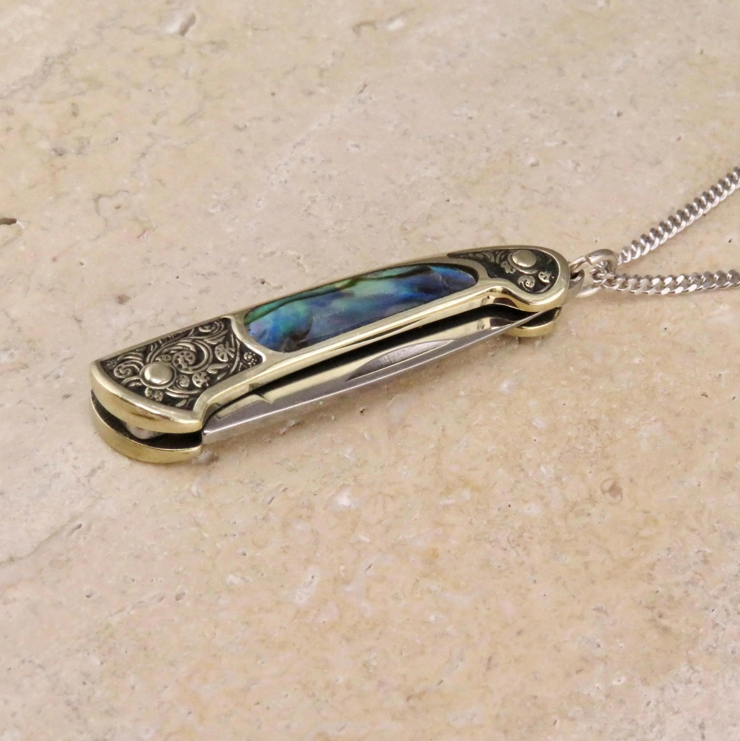 Etched Brass Abalone Knife Necklace