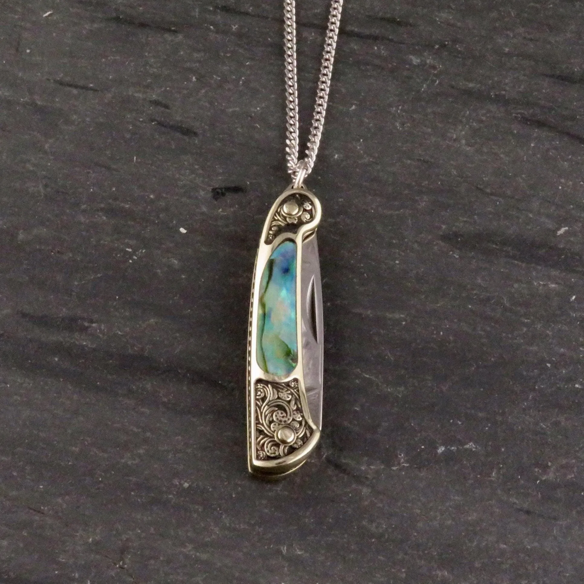 Etched Brass Abalone Knife Necklace