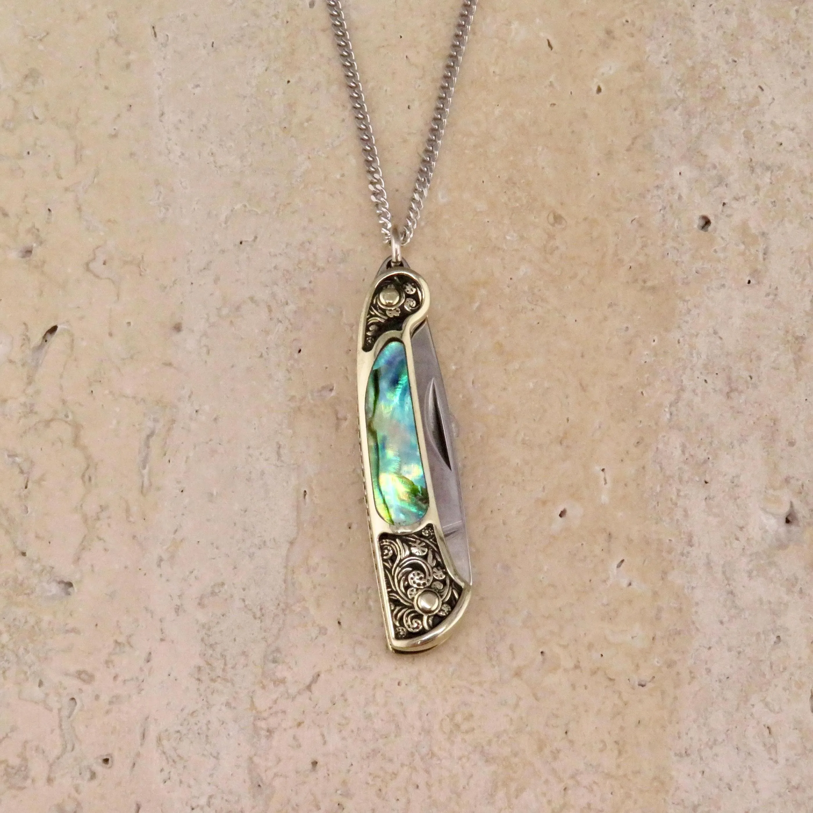 Etched Brass Abalone Knife Necklace