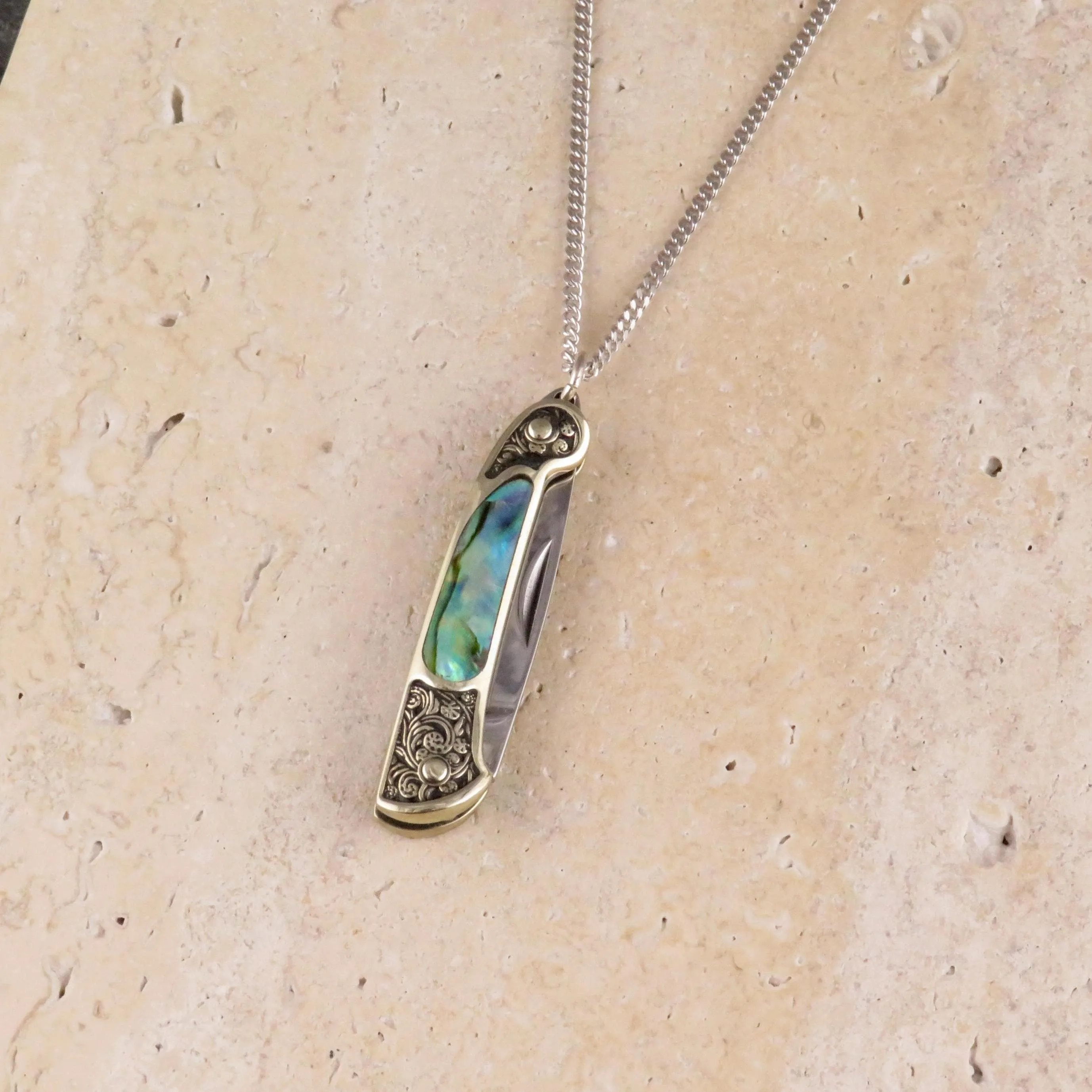 Etched Brass Abalone Knife Necklace